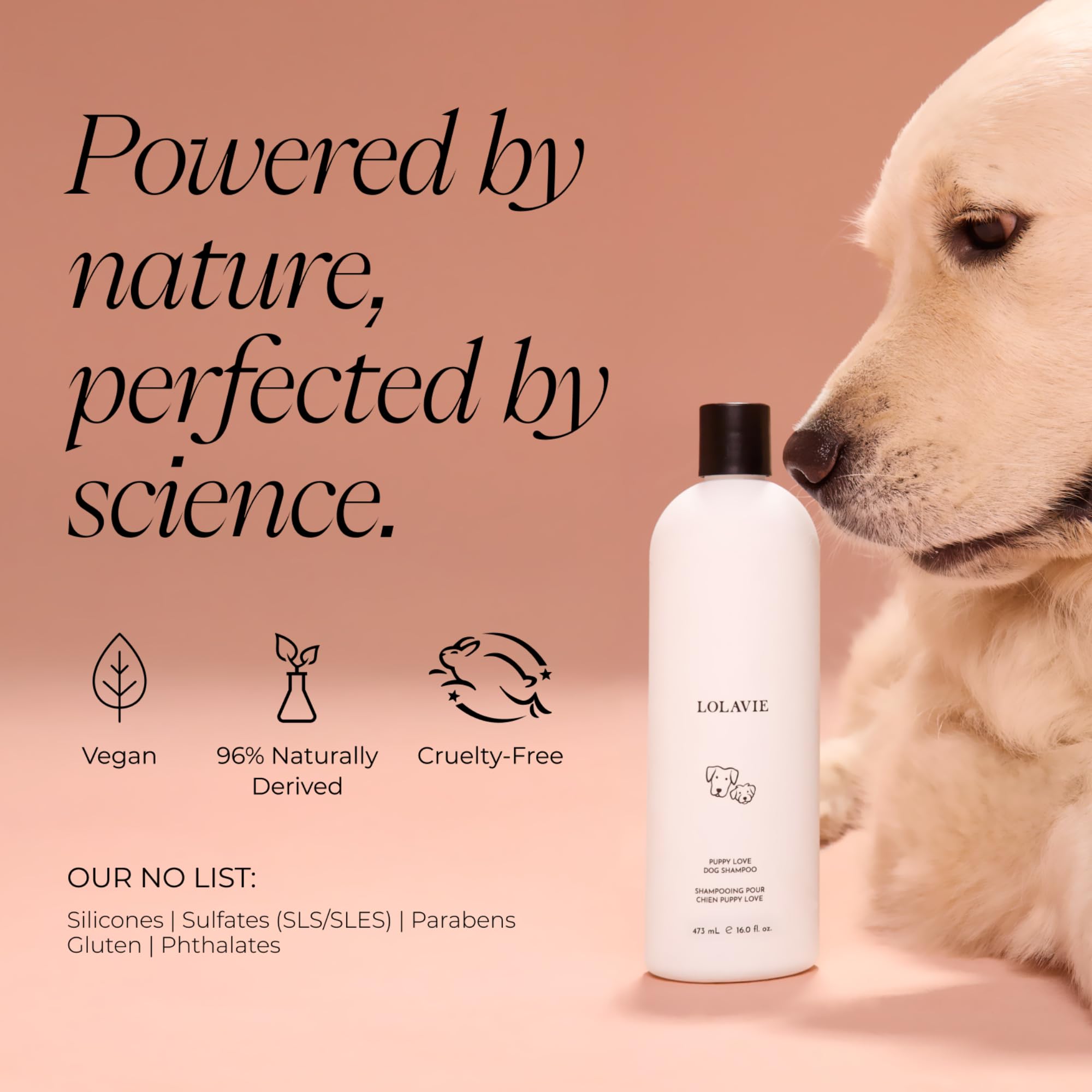 LolaVie Puppy Love Shampoo with colloidal oats indicating soothing benefits.