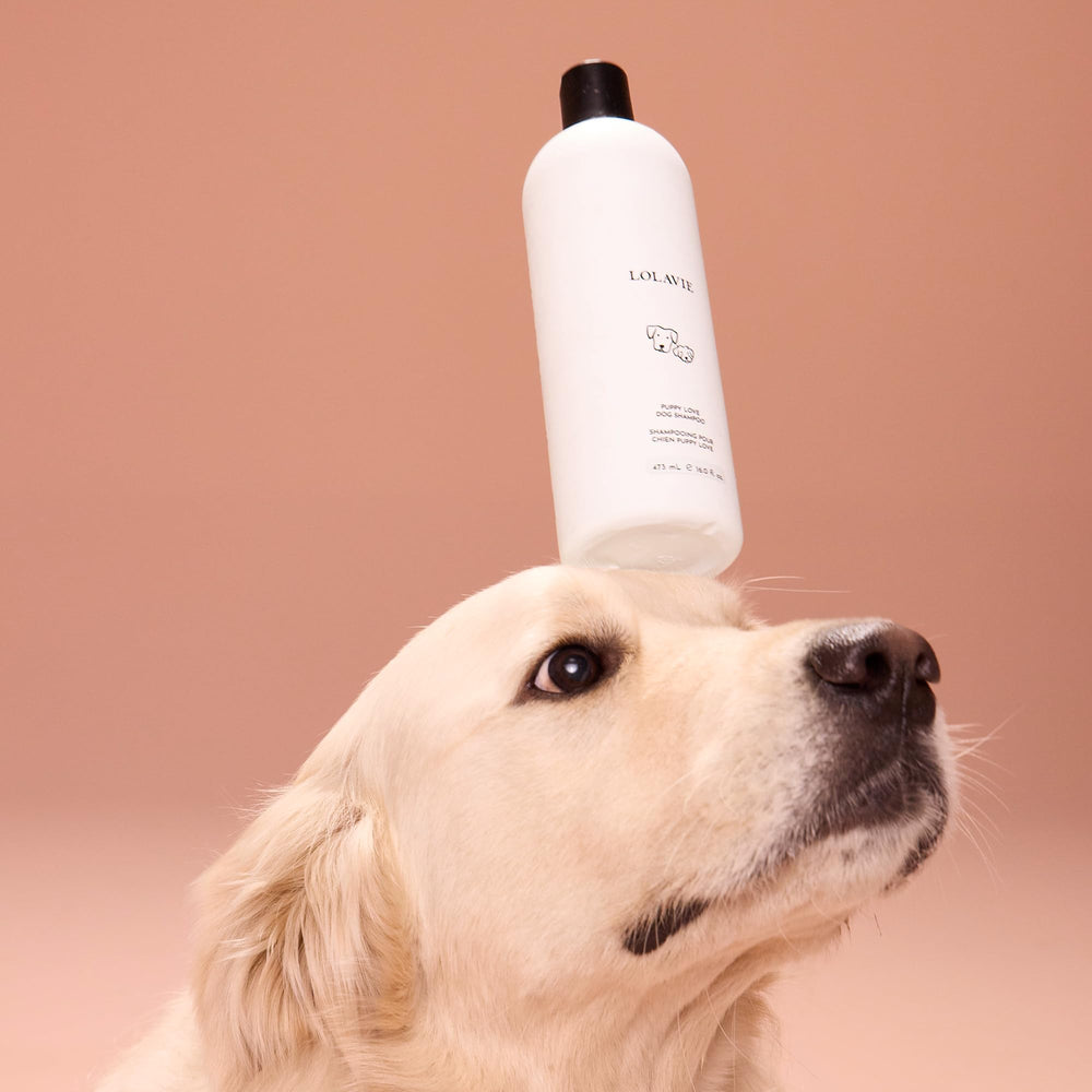 LolaVie Puppy Love Shampoo label emphasizing vegan and cruelty-free promise.