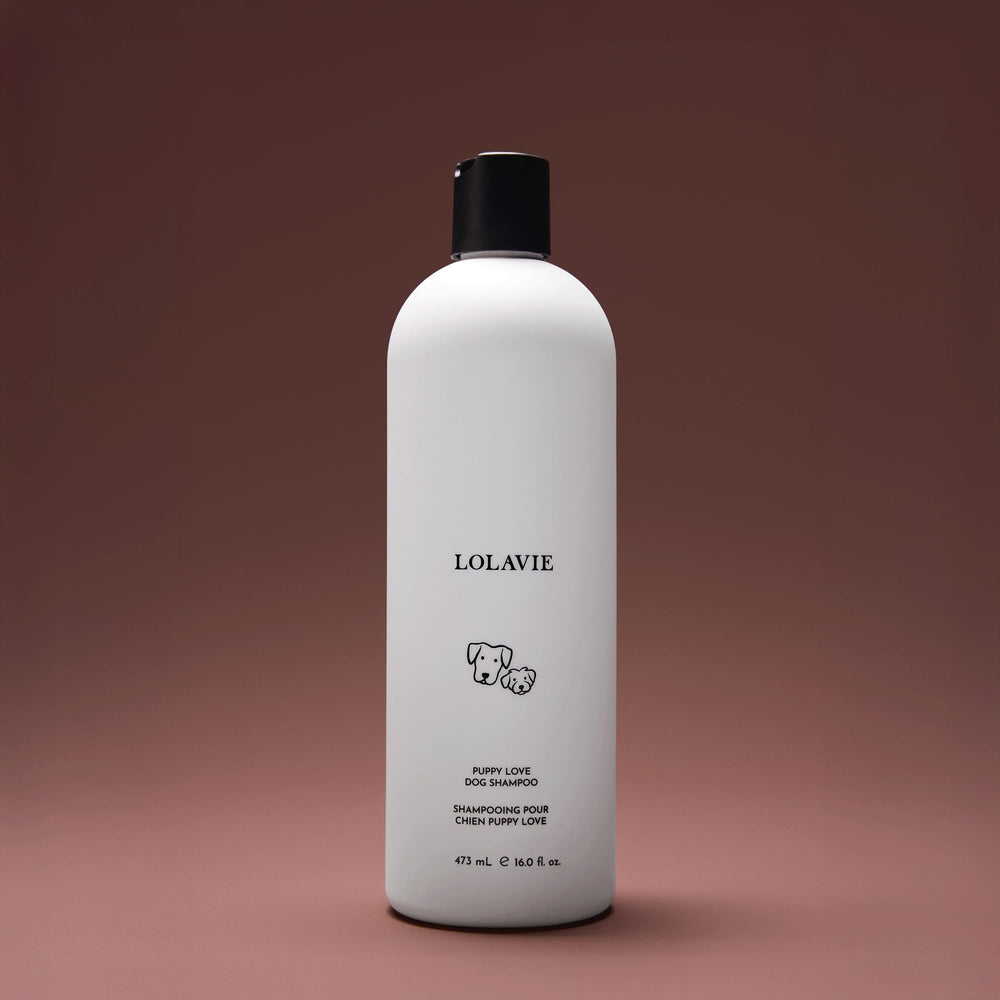 LolaVie Puppy Love Shampoo packaging note about supporting rescue fund
