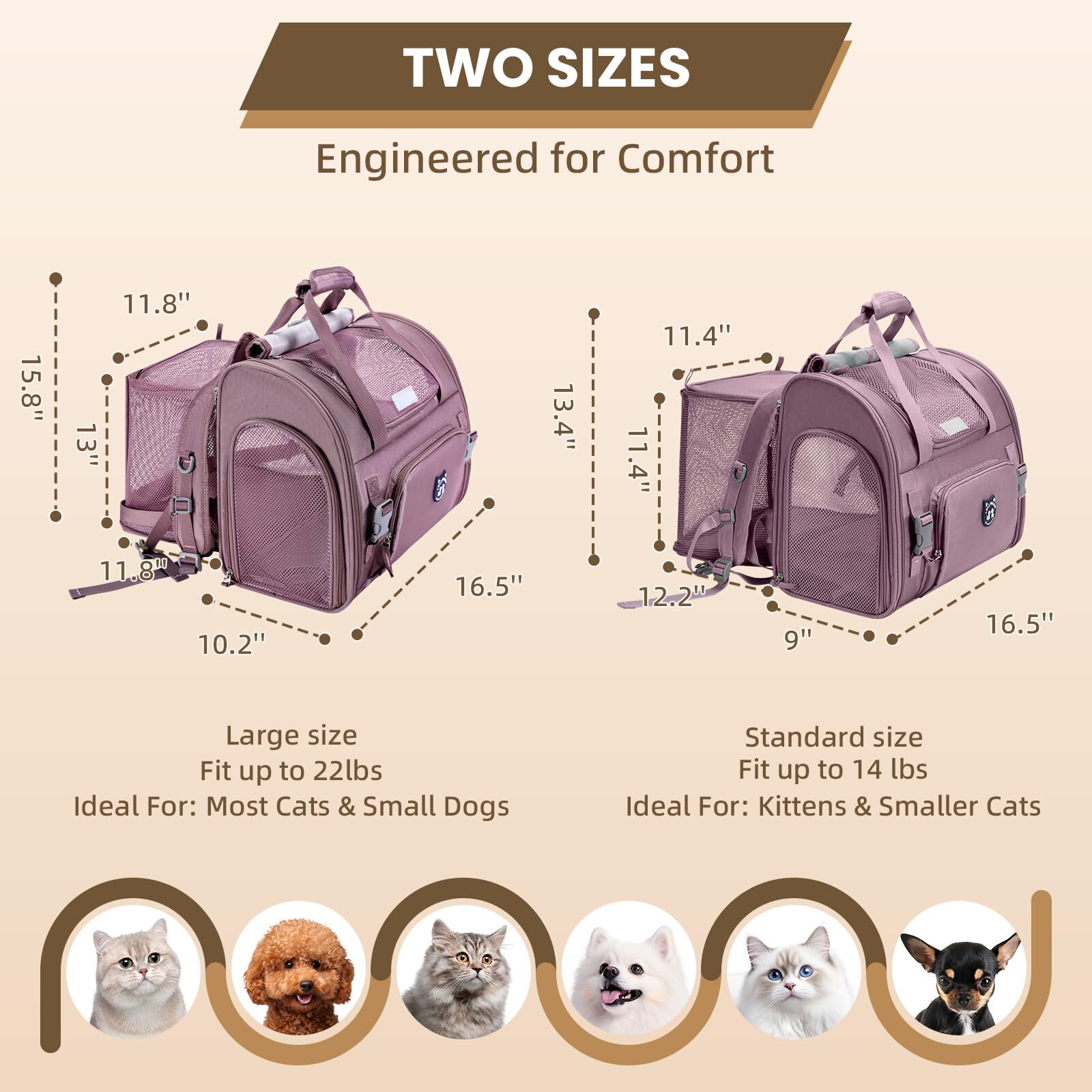 Lollimeow expandable carrier backpack side view with expanded section for relaxed napping