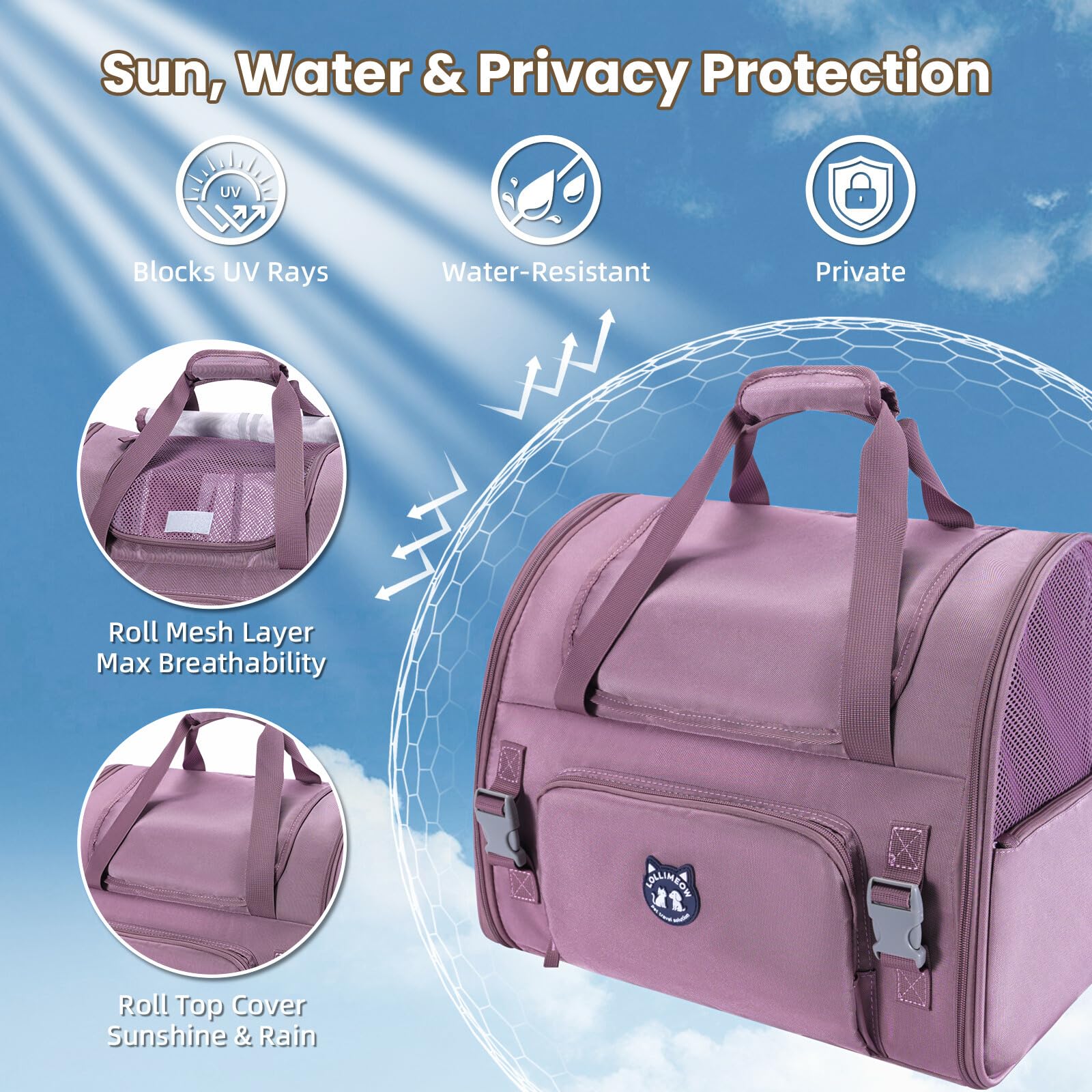 LOLLIMEOW Expandable Carrier waterproof material protects pets from rain and splashes.