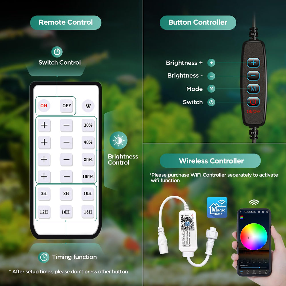 Lominie aquarium light remote control enables convenient lighting adjustments from anywhere.