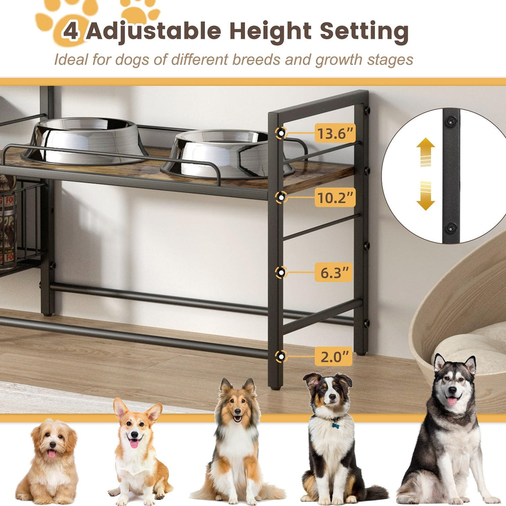 Lomivra adjustable-feeder stand showing compatibility with stainless steel and ceramic bowls.