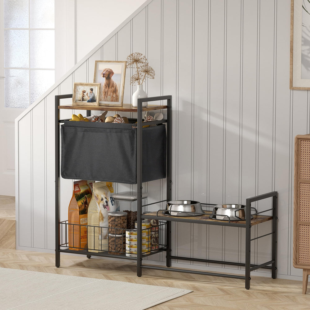 Lomivra dog feeder stand in use, showing organized feeding and storage.