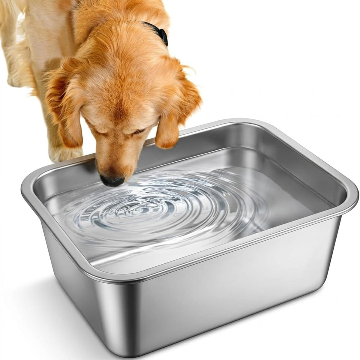 Lonepetu 2-gallon stainless steel dog water bowl with wide opening for easy refilling.
