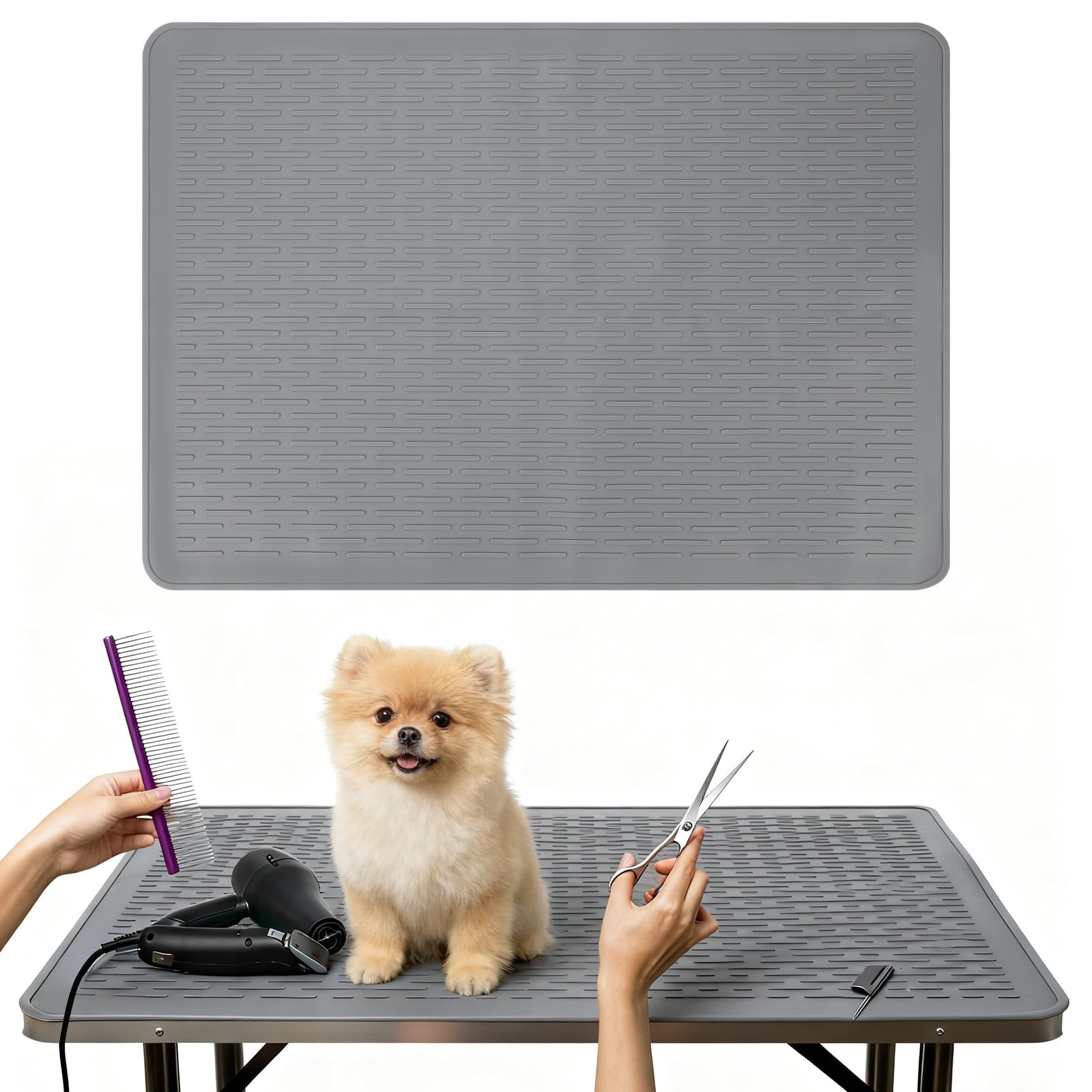 Lonepetu dog grooming table mat grey top view showing non-slip grip for safe sessions.