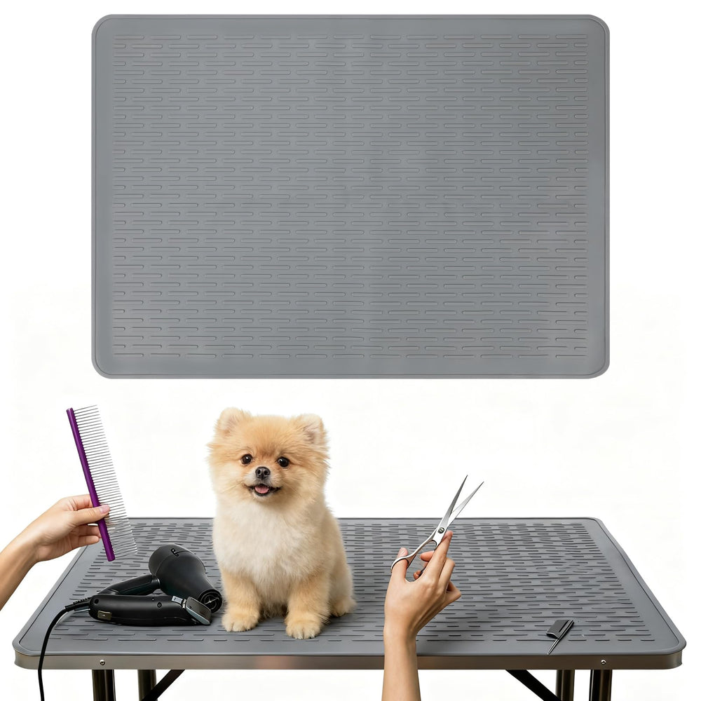 Lonepetu dog grooming table mat grey top view showing non-slip grip for safe sessions.