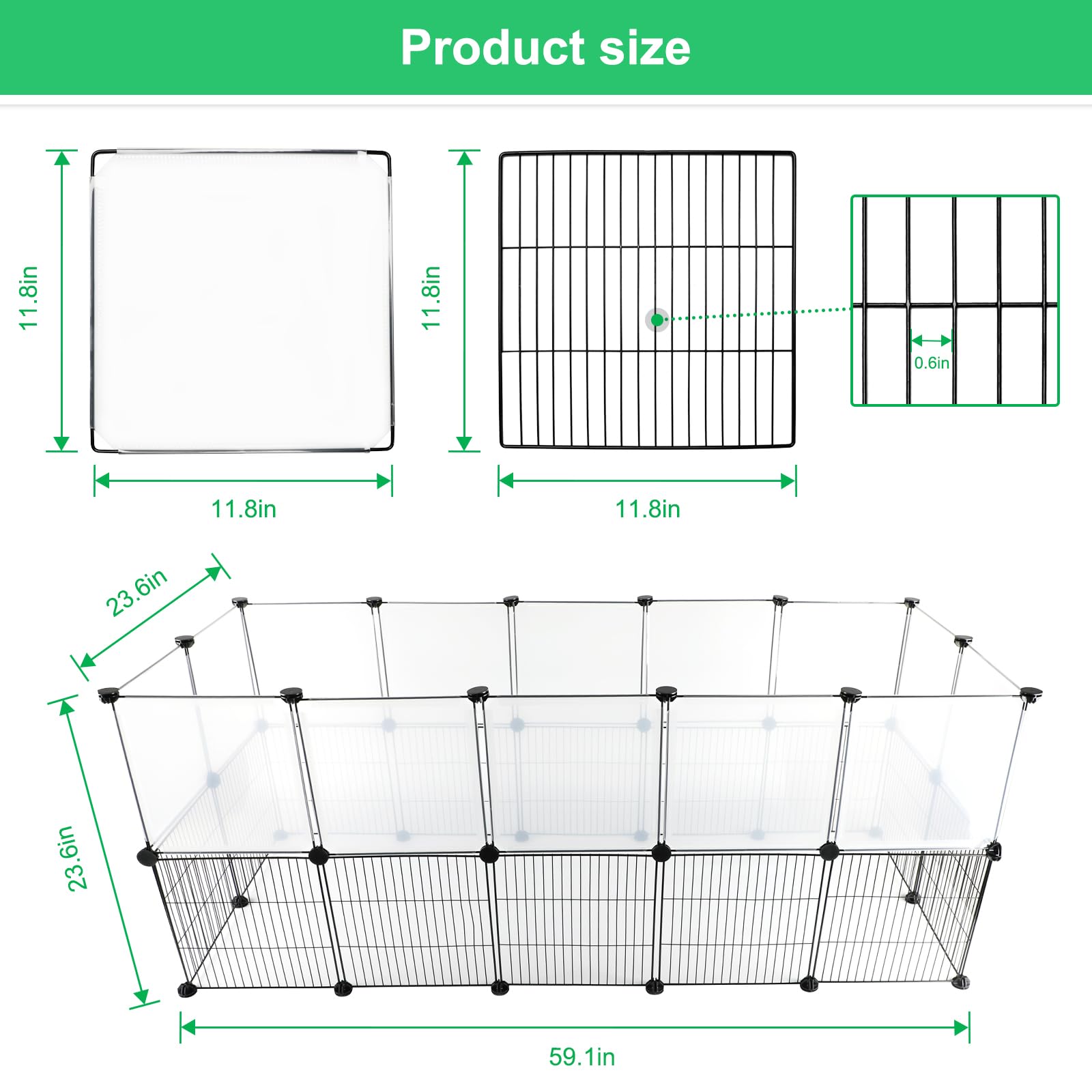 Reinforced wire with 0.7 inch spacing provides safe small-animal containment.