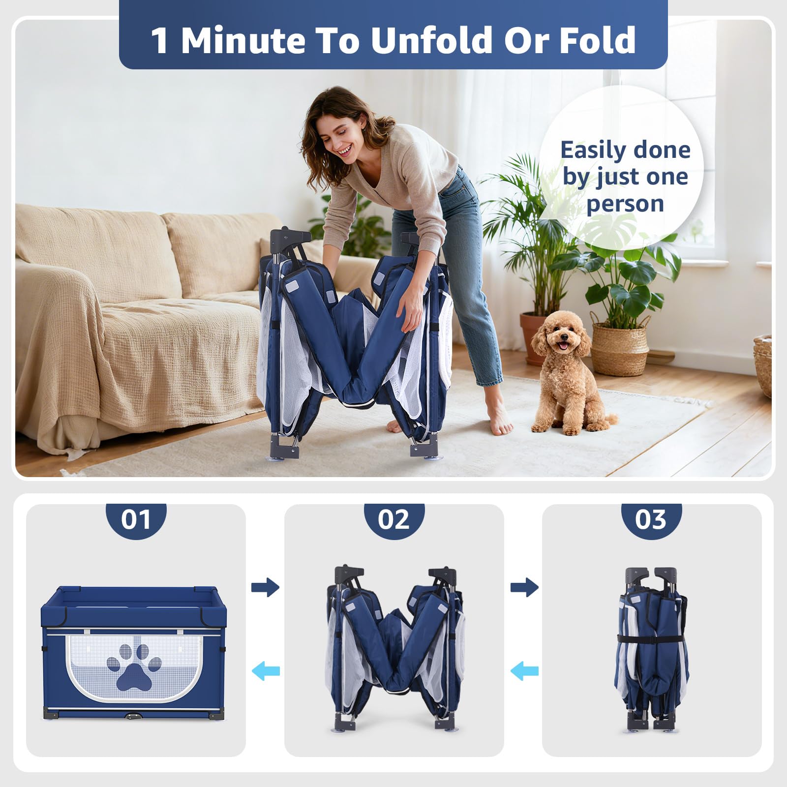 LOOBANI foldable dog playpen setup demonstrates rapid one-minute assembly.