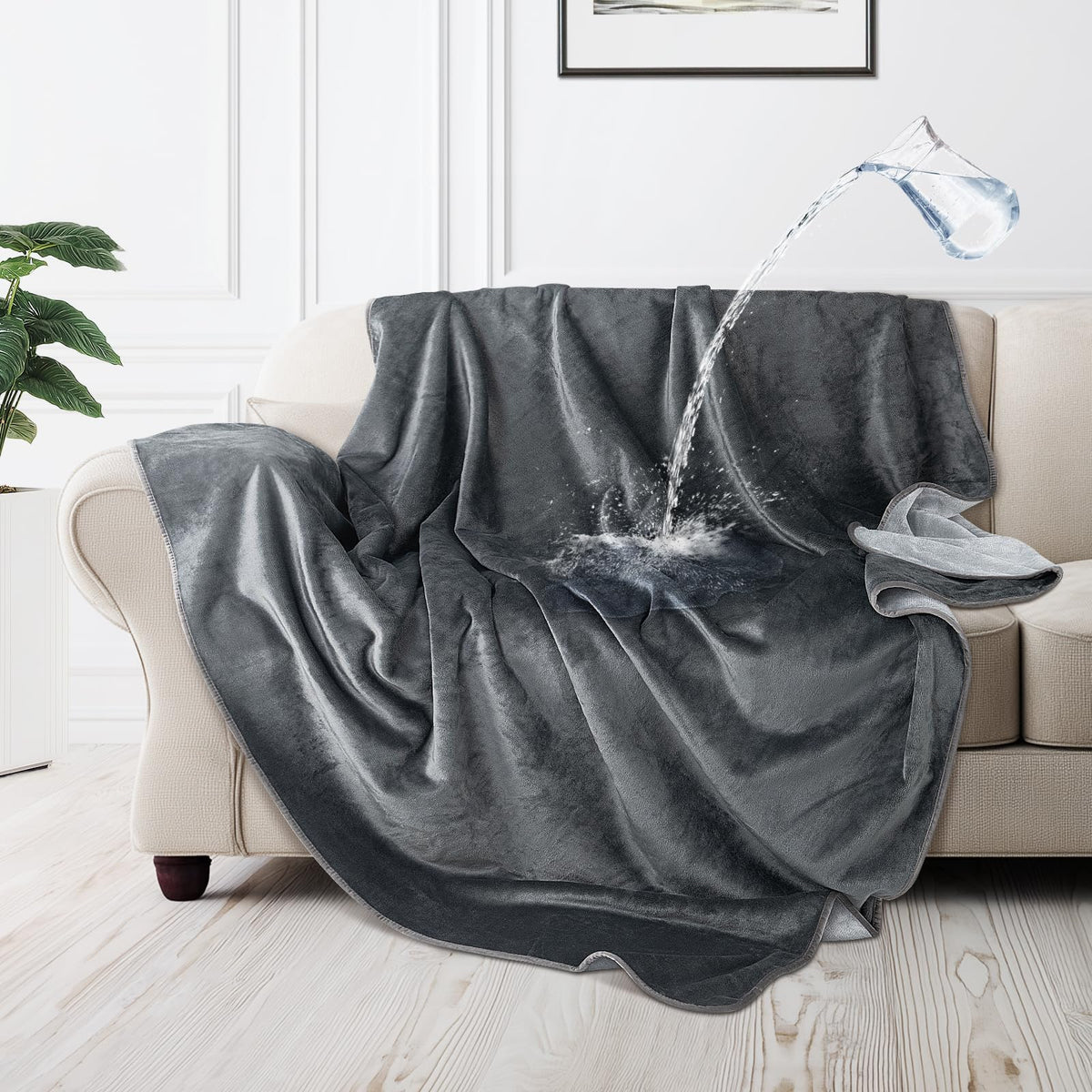 LOOBANI waterproof dog blanket on sofa protects furniture from spills.
