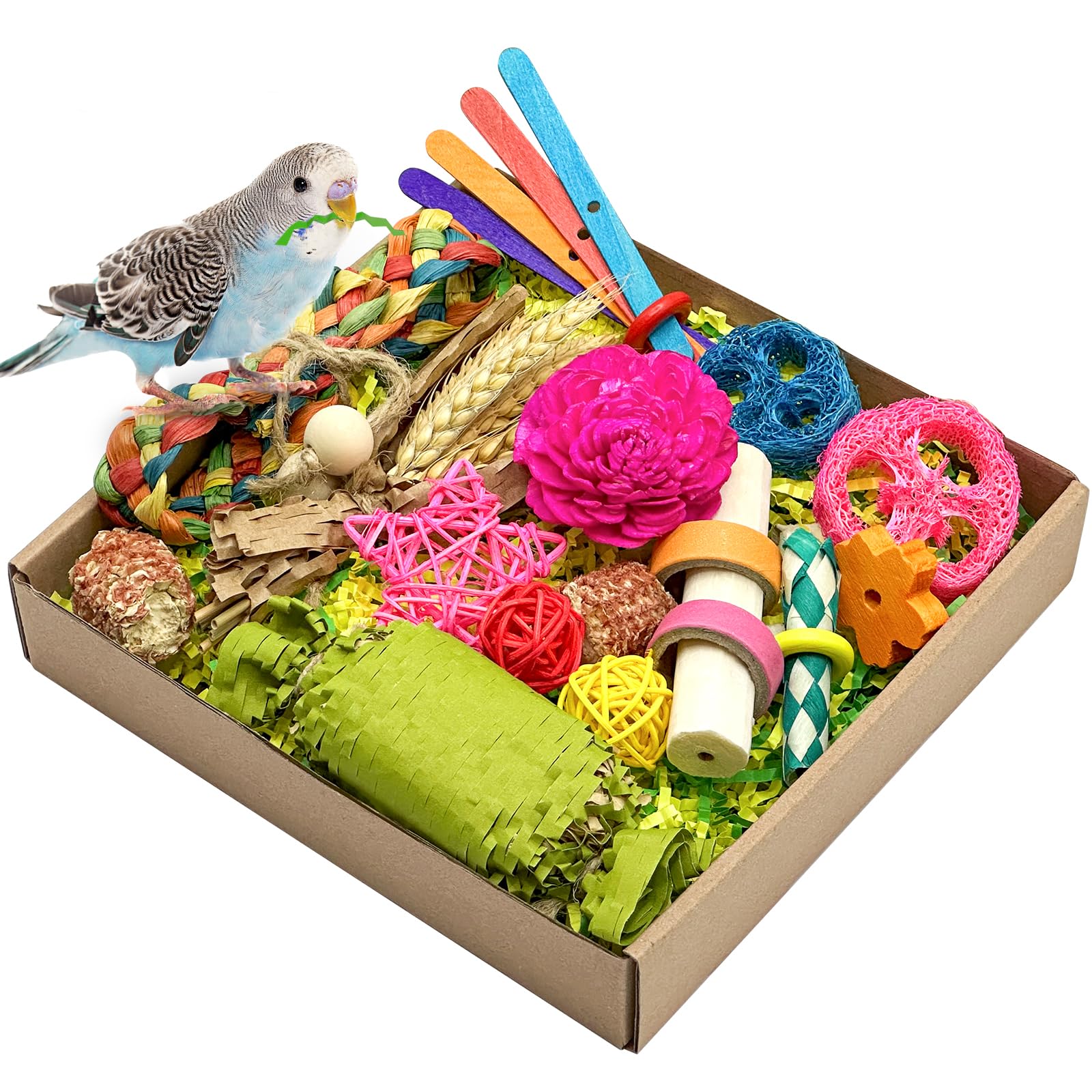 LOPERDEVE natural bird toy box closeup foraging enrichment for small parrots.
