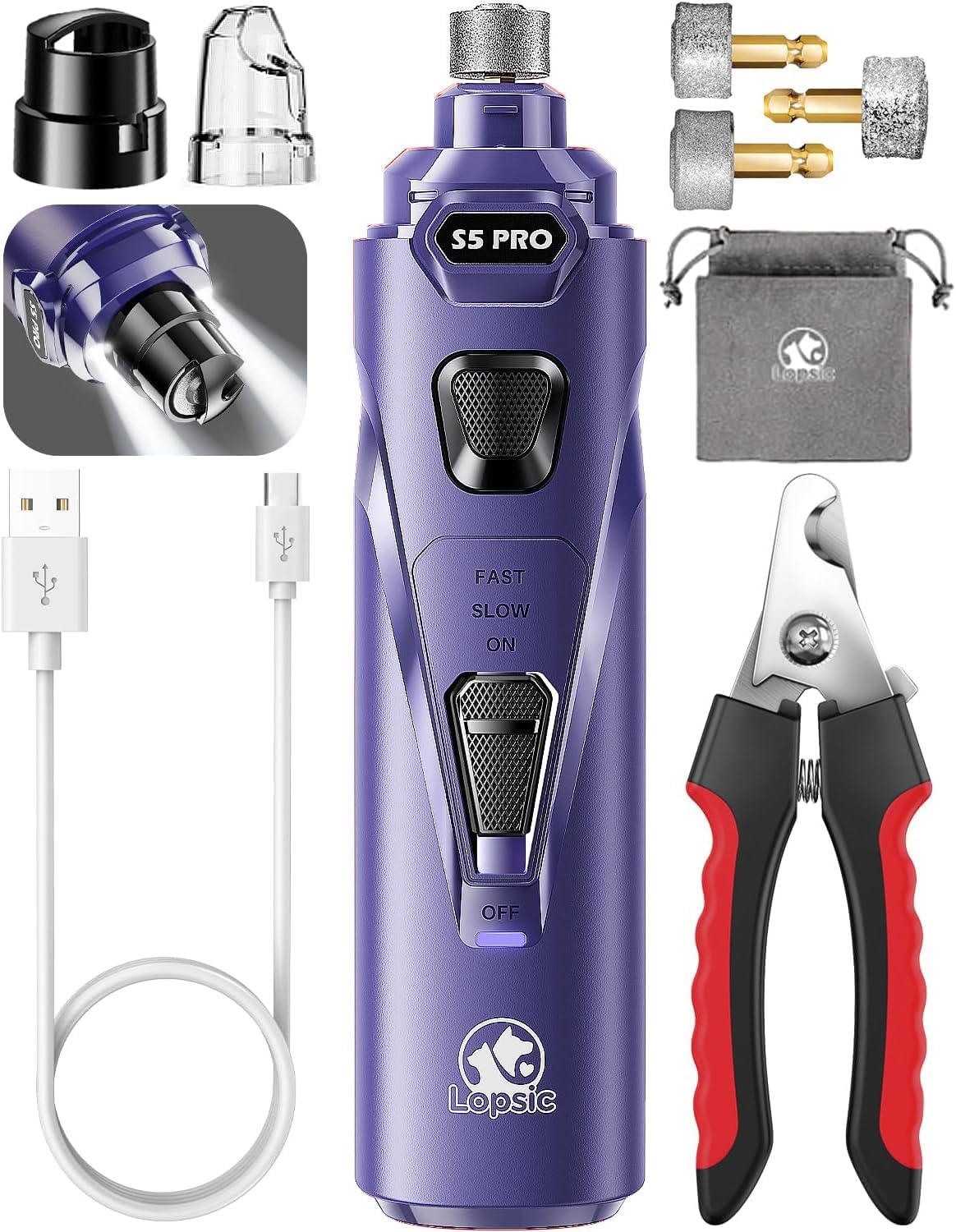 LOPSIC Whisper Quiet Dog Nail Grinder on display with LED lights for calm grooming.