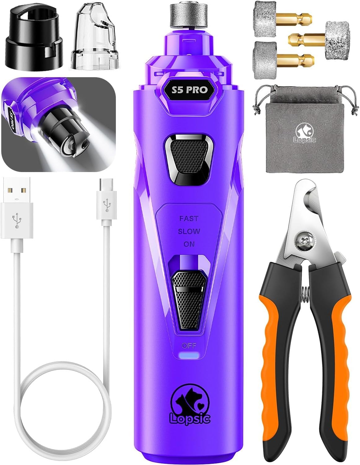 LOPSIC whisper quiet dog nail grinder with LED lights for calm trimming
