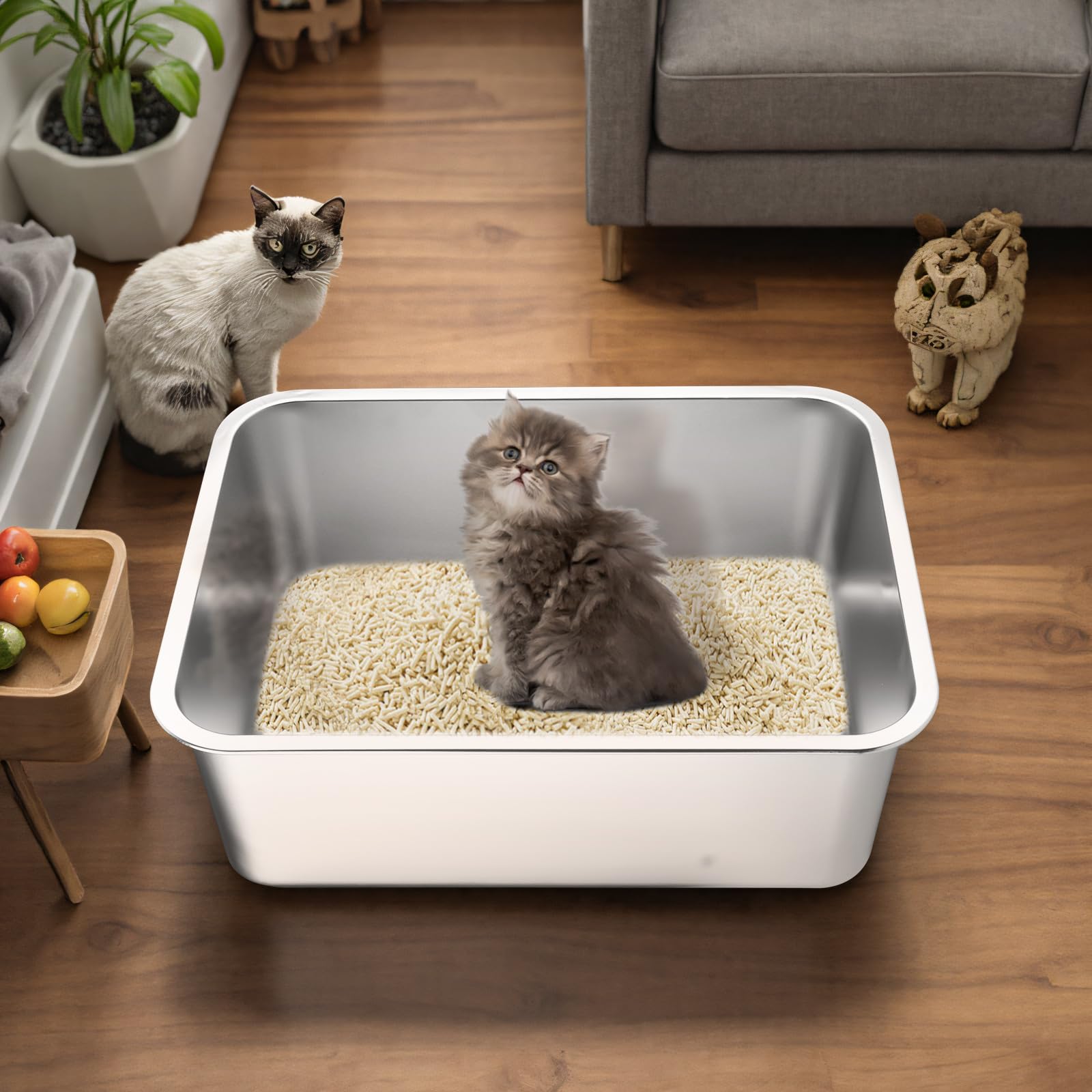 LOPYK stainless steel cat litter box high sides prevent spill and scatter