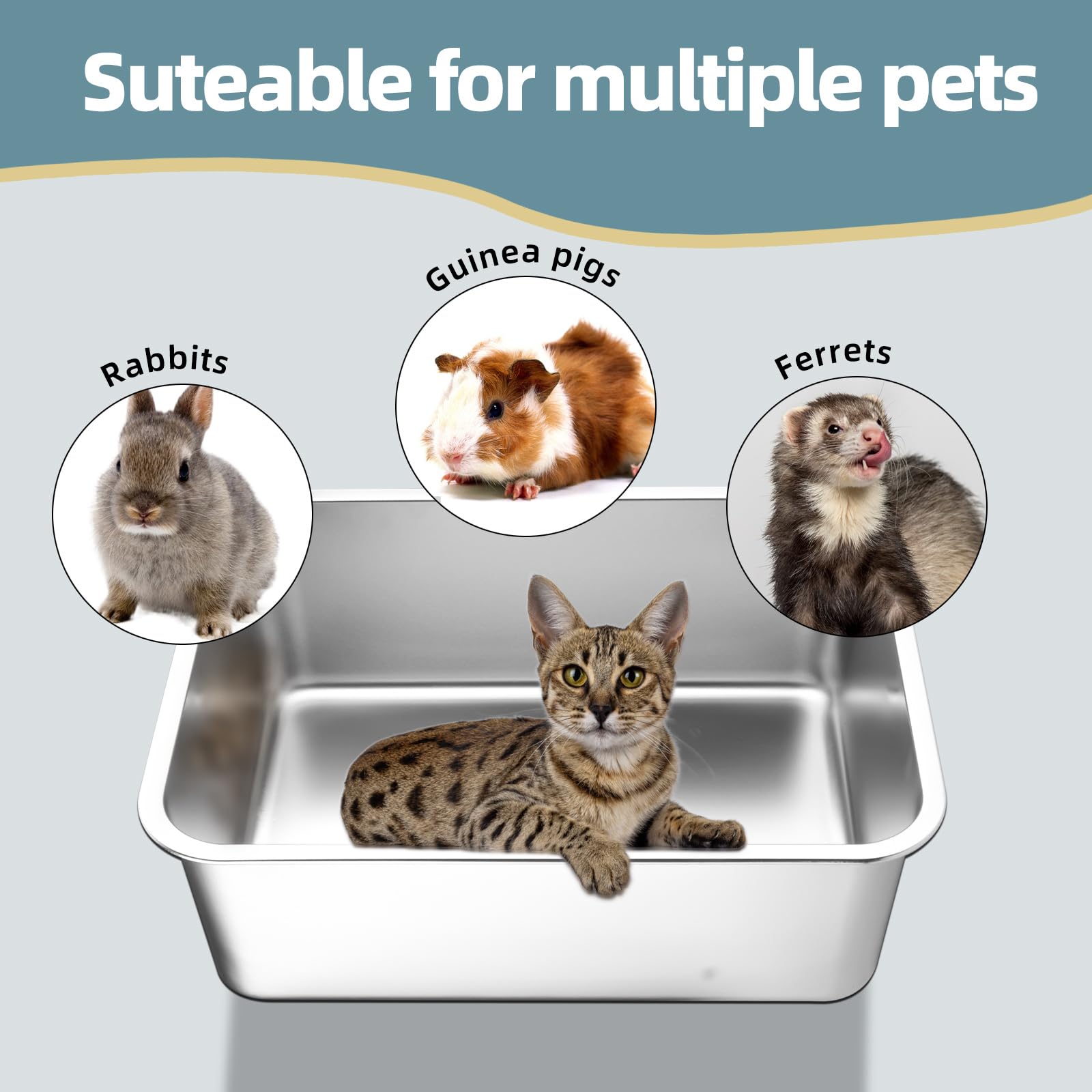 LOPYK stainless steel cat litter box high sides reduce spray and mess.