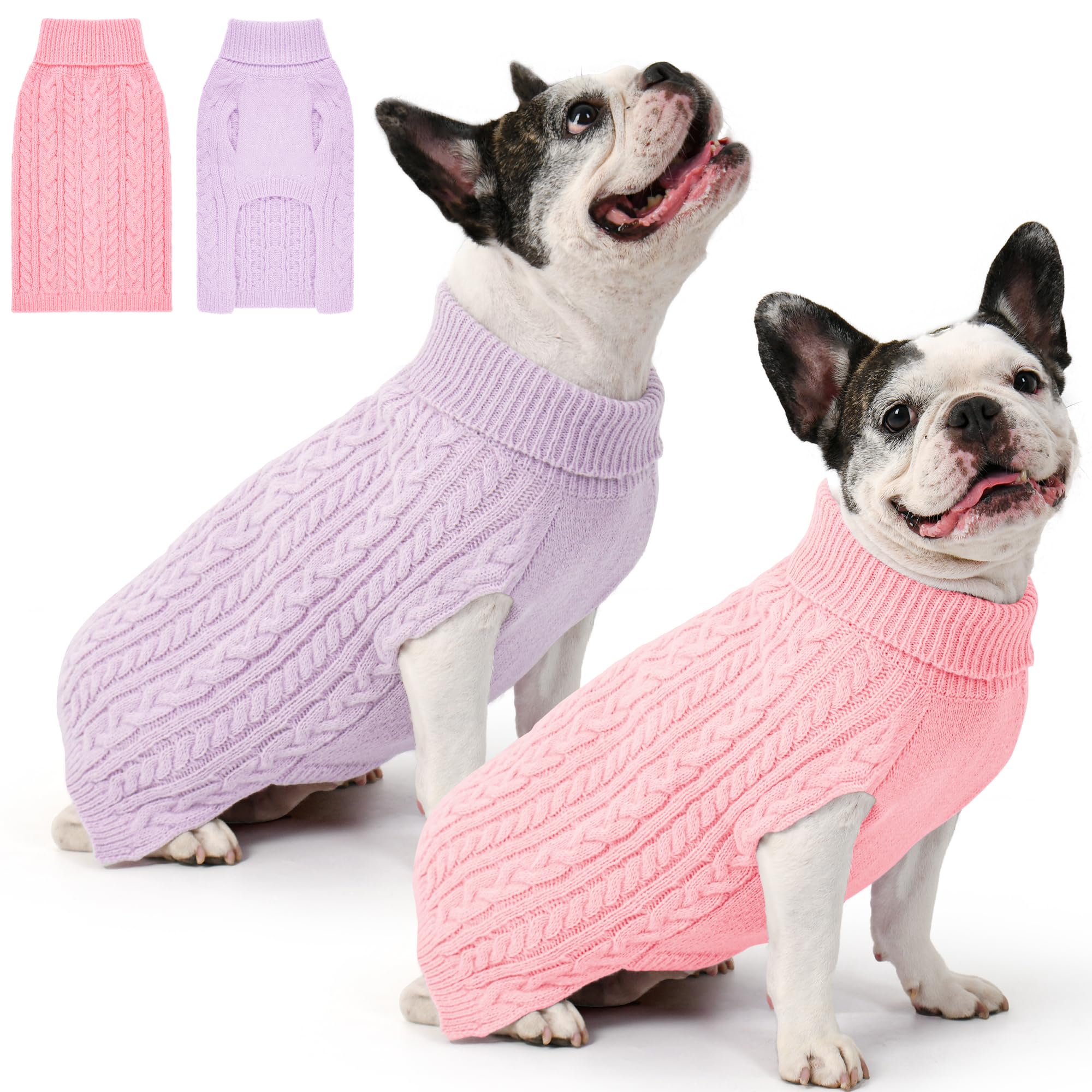 Lorehelina two-pack pink and purple dog sweaters laid flat for easy styling.