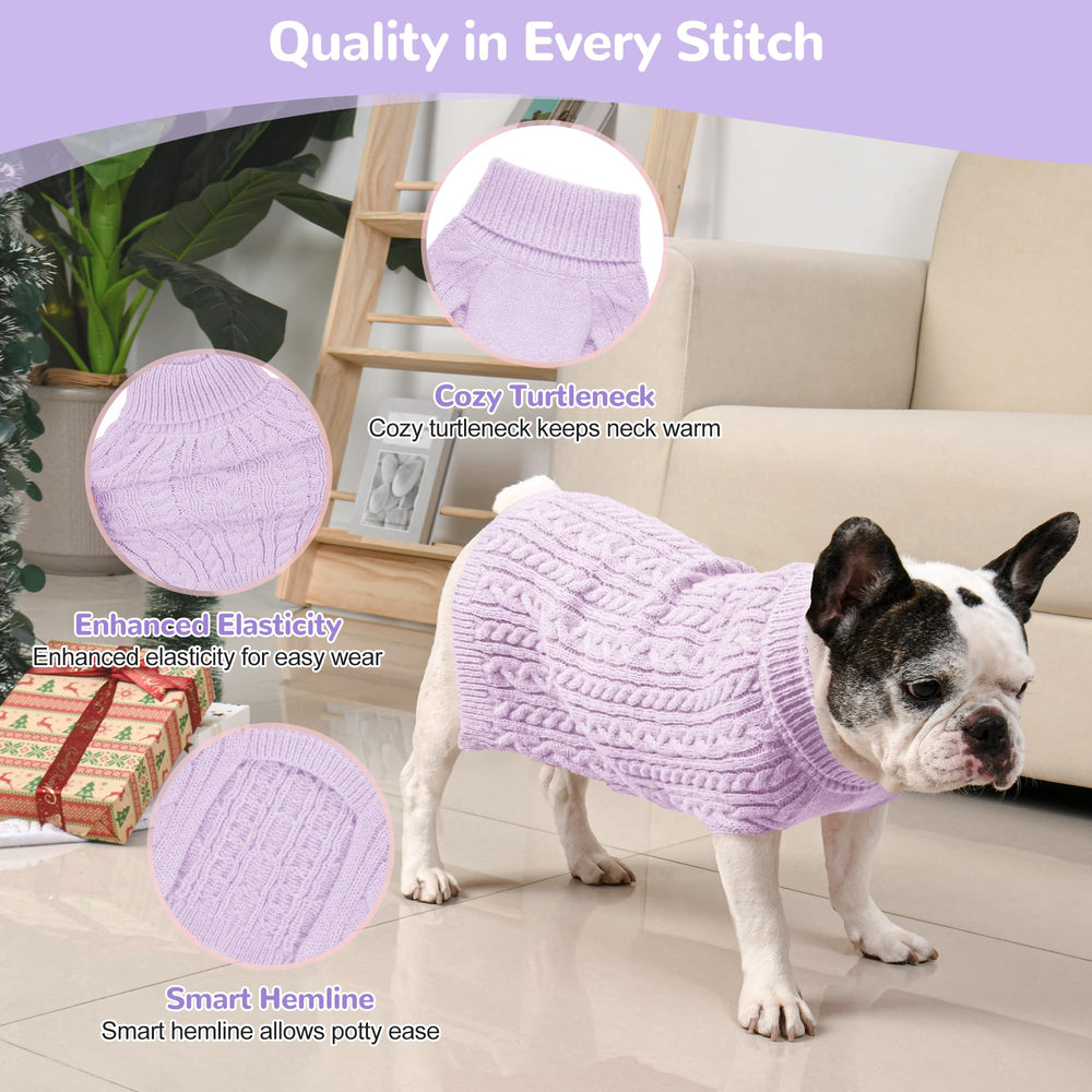 Model wearing Lorehelina medium dog sweater to demonstrate fit.