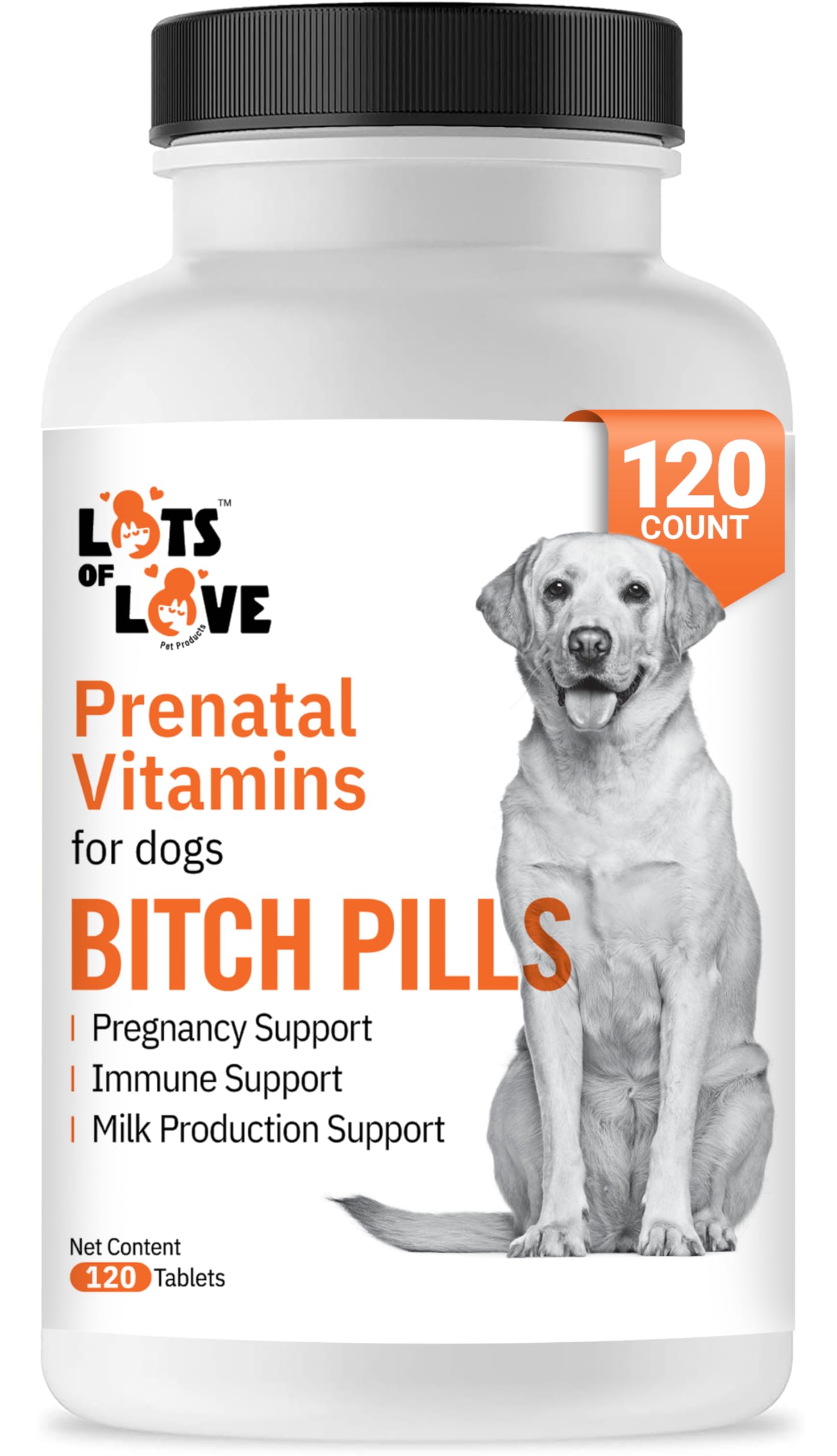 LOTS OF LOVE Bitch Pills bottle for prenatal dog vitamins supporting pregnancy