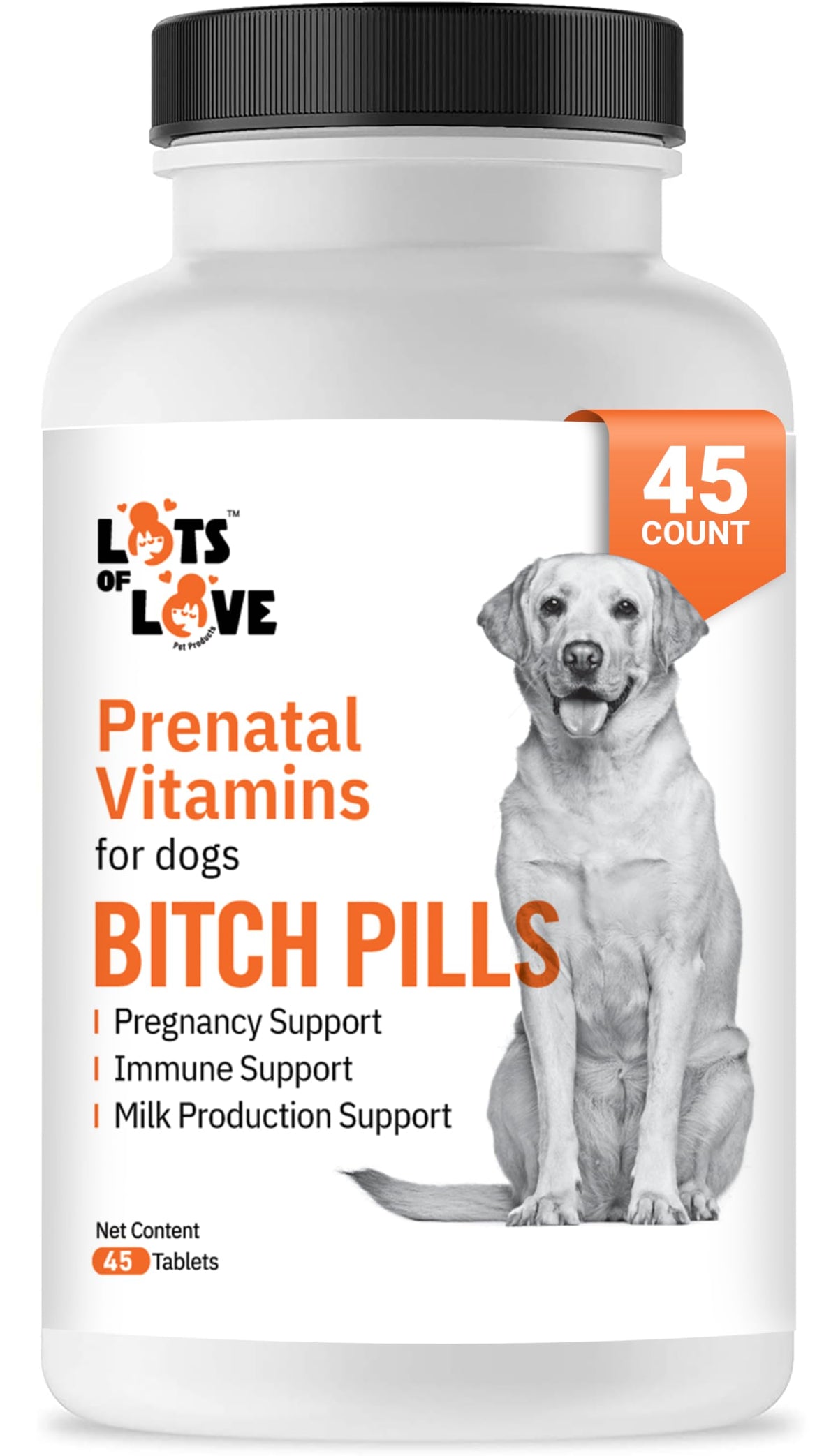 Lots of Love Bitch Pills bottle for pregnant dogs, easy prenatal vitamin administration.