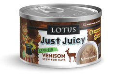 Lotus Just Juicy Venison Stew cat can front, high-meat formula for cats.