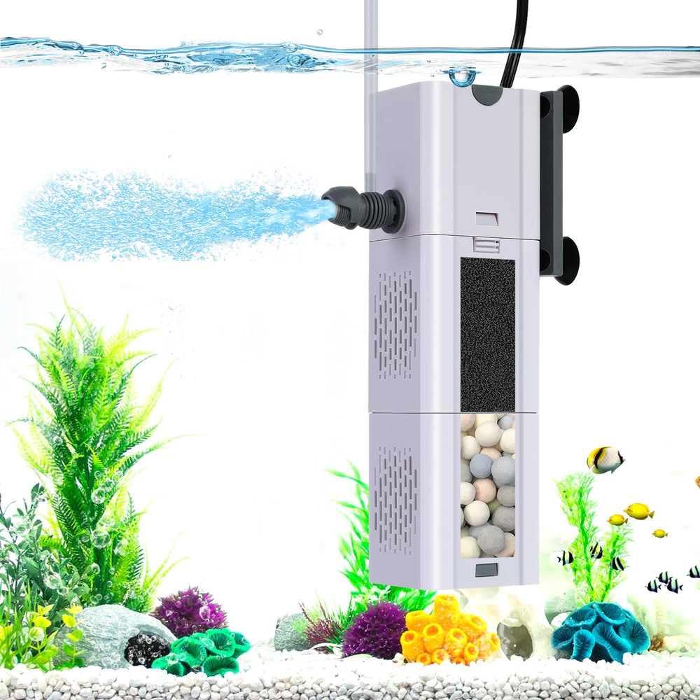 LoungingLife 265GPH 4-in-1 filter front view improves clarity in 20-80 gallon tanks.