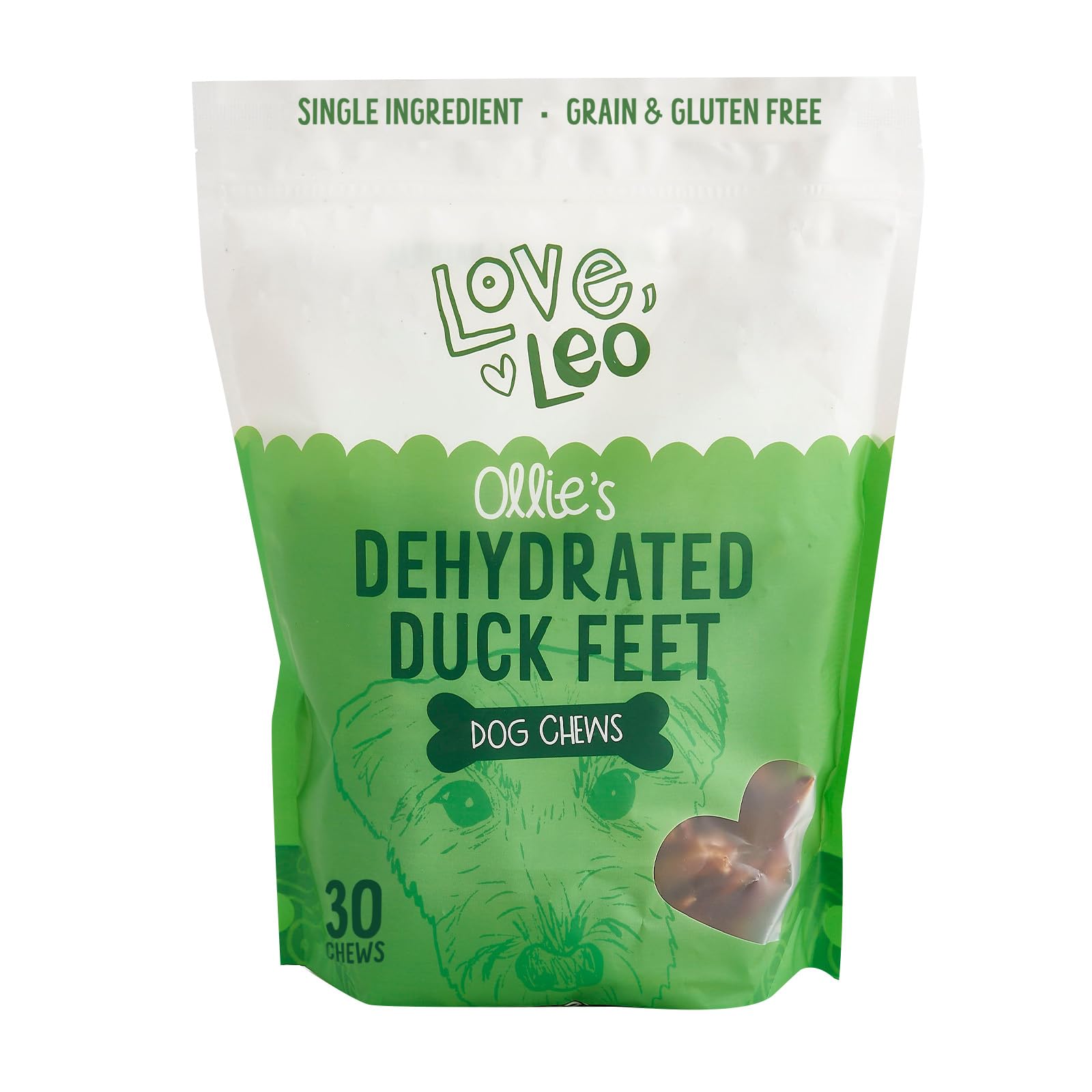 Love Leo dehydrated duck feet pack front, training rewards and dental-friendly chews.
