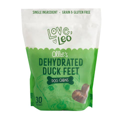 Love Leo dehydrated duck feet pack front, training rewards and dental-friendly chews.