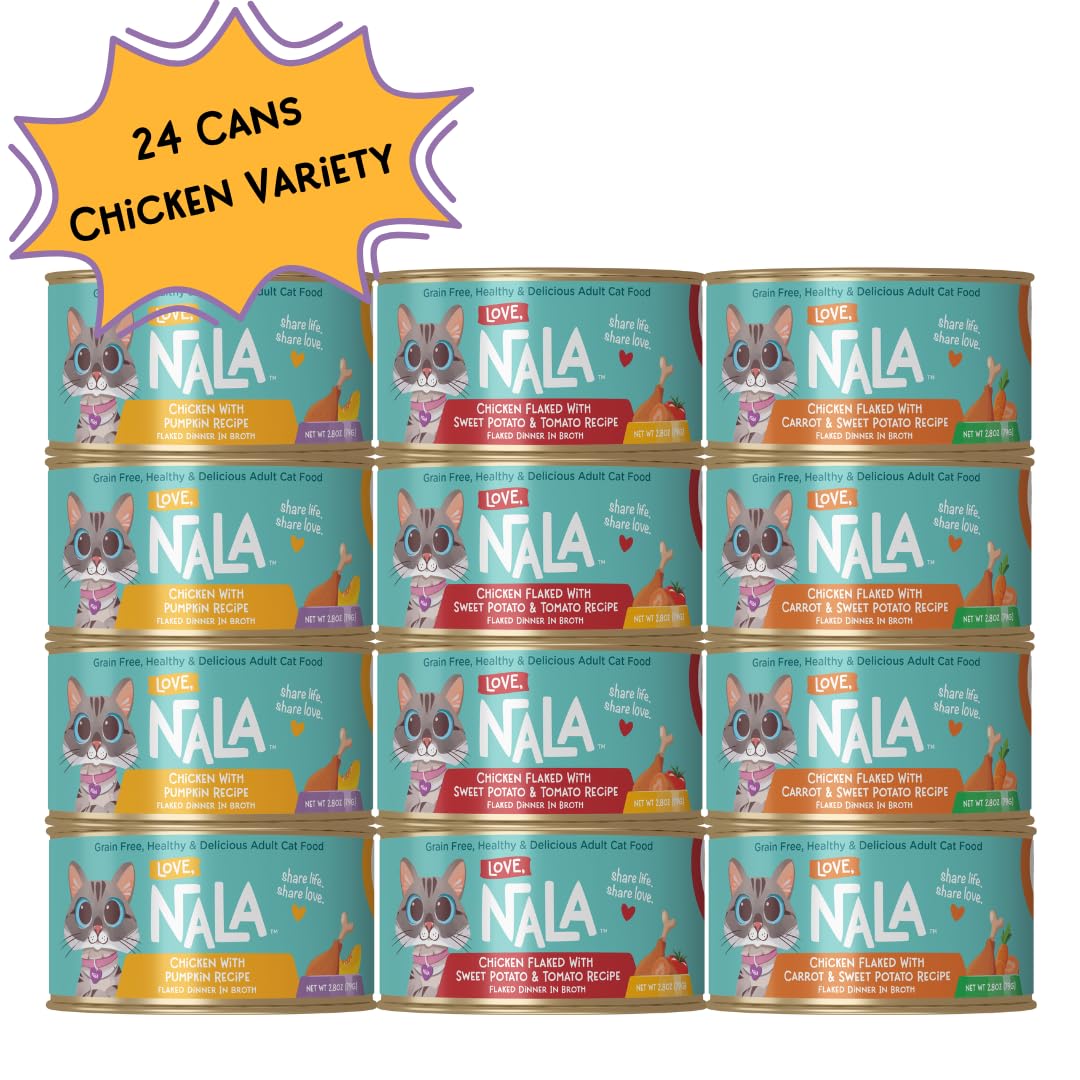 LOVE NALA flaked chicken broth-in-bowl emphasizes hydration support.