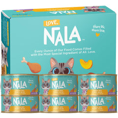 LOVE, NALA flaked chicken pumpkin in broth pack shot highlighting grain-free formula for cats