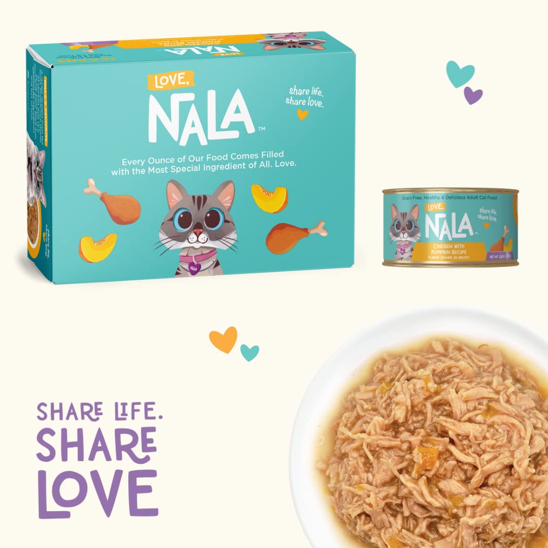 LOVE, NALA two-pack display with flaked chicken pumpkin in broth