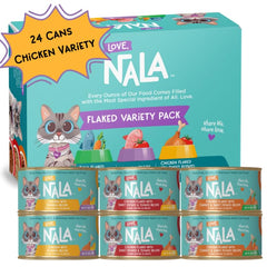 LOVE NALA flaked chicken variety pack packaging highlighting grain-free formula.