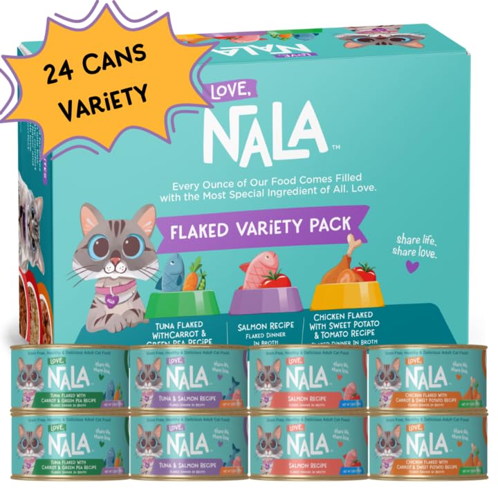 LOVE, NALA flaked fish and chicken variety pack close-up showing lean protein and omega-3.