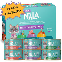 LOVE, NALA flaked fish variety pack 24-pack hero image highlighting lean protein for meal balance