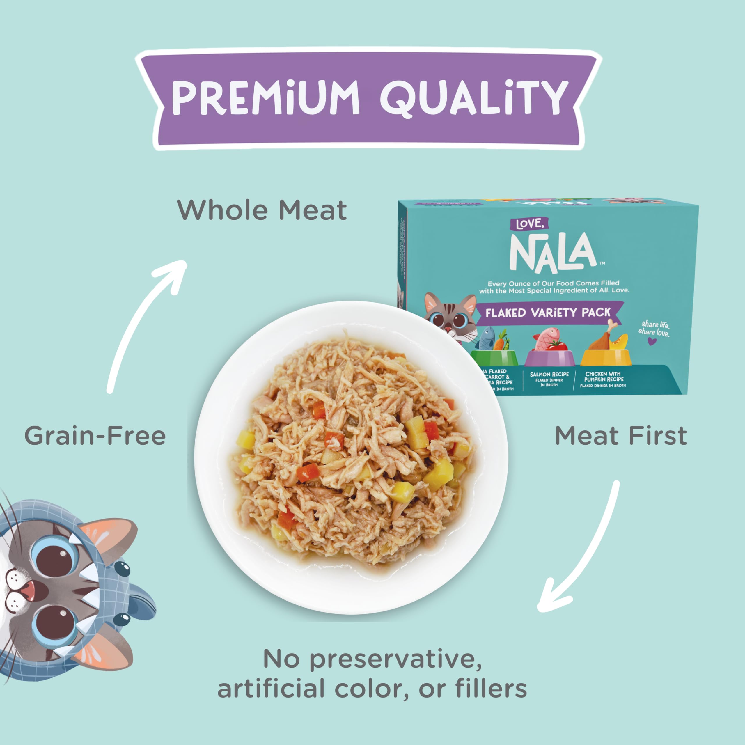 LOVE, NALA packaging display for veterinary-approved cat food promoting daily nutritional goals