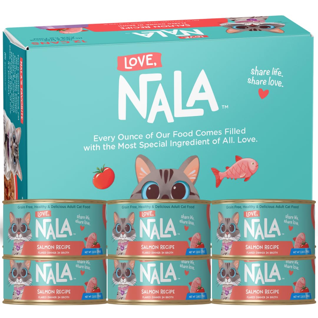 LOVE, NALA packaging for natural adult cat wet food highlights convenient 12-pack value.