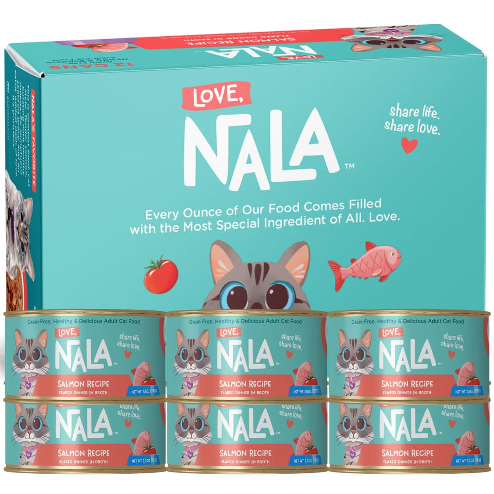 LOVE, NALA packaging for natural adult cat wet food highlights convenient 12-pack value.