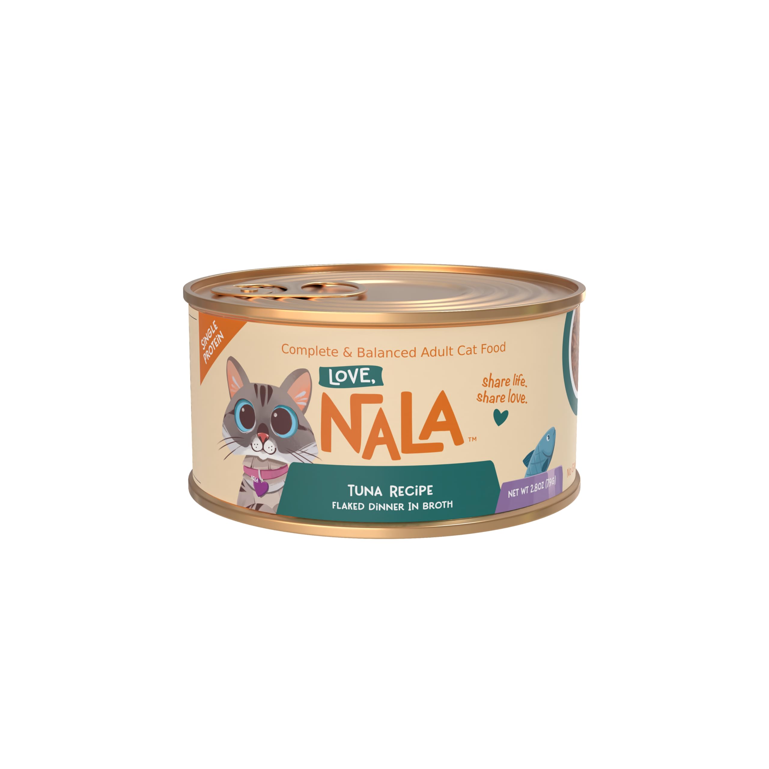 LOVE, NALA single protein tuna can opened with broth visible, supporting hydration