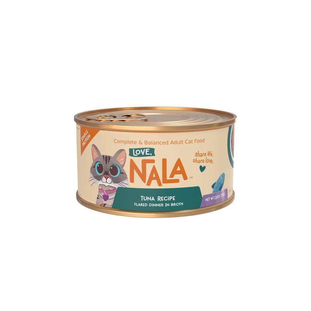 LOVE, NALA single protein tuna can opened with broth visible, supporting hydration
