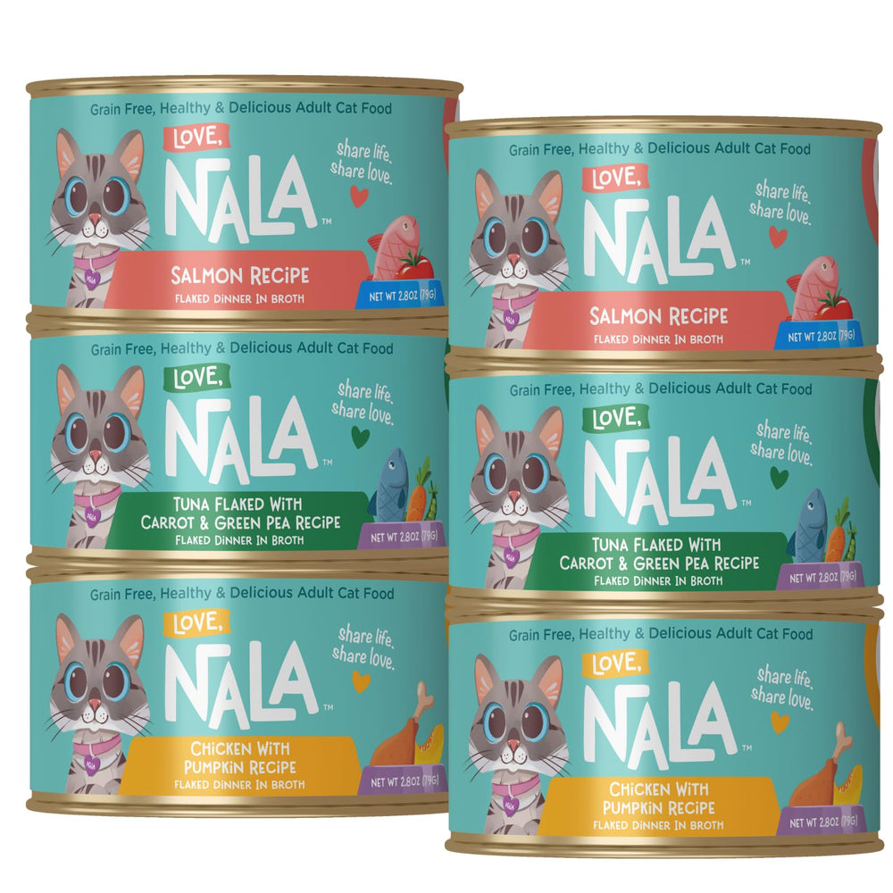 LOVE NALA salmon flaked wet food in broth fuels active cats with protein and flavor