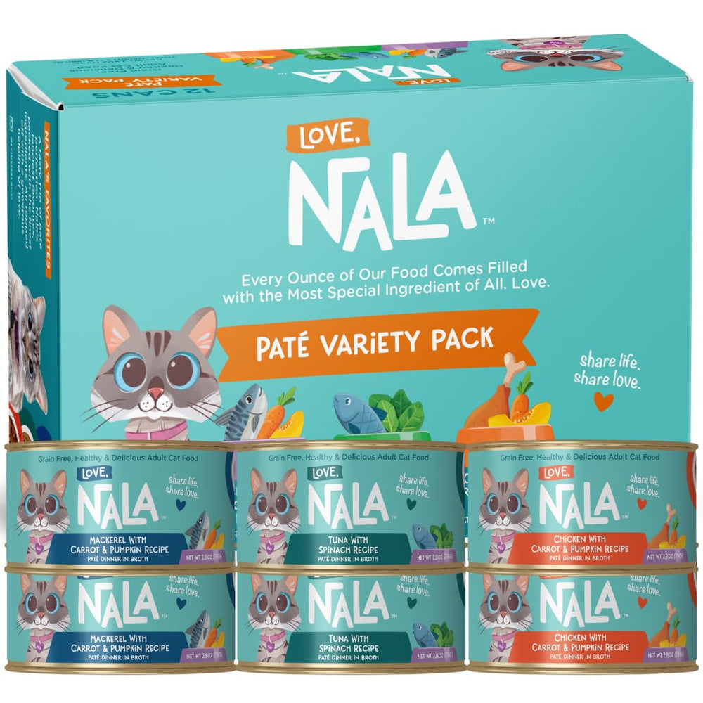 LOVE NALA tuna pate pack open shows a balanced adult cat meal with variety.