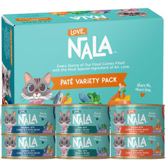 LOVE NALA tuna pate pack open shows a balanced adult cat meal with variety.