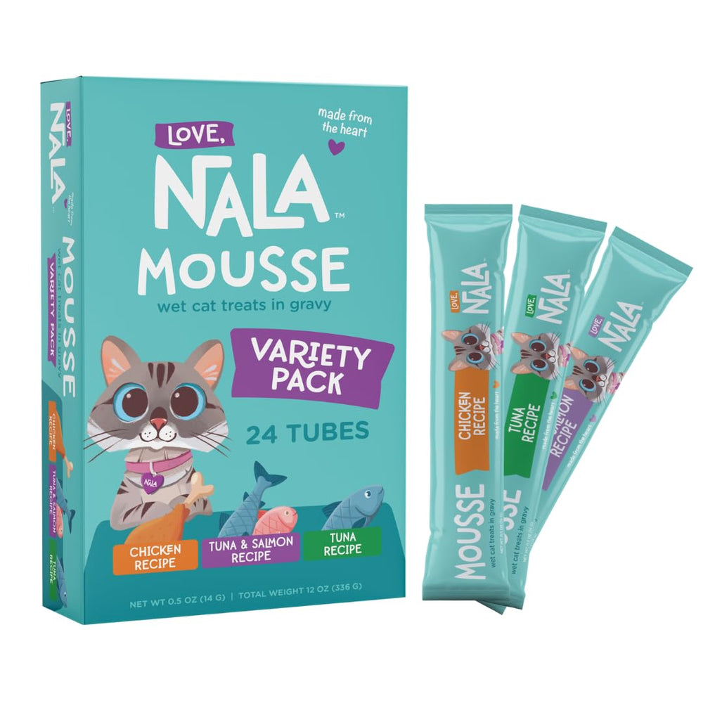 LOVE, NALA variety pack mousse label shows balanced ingredients for cats