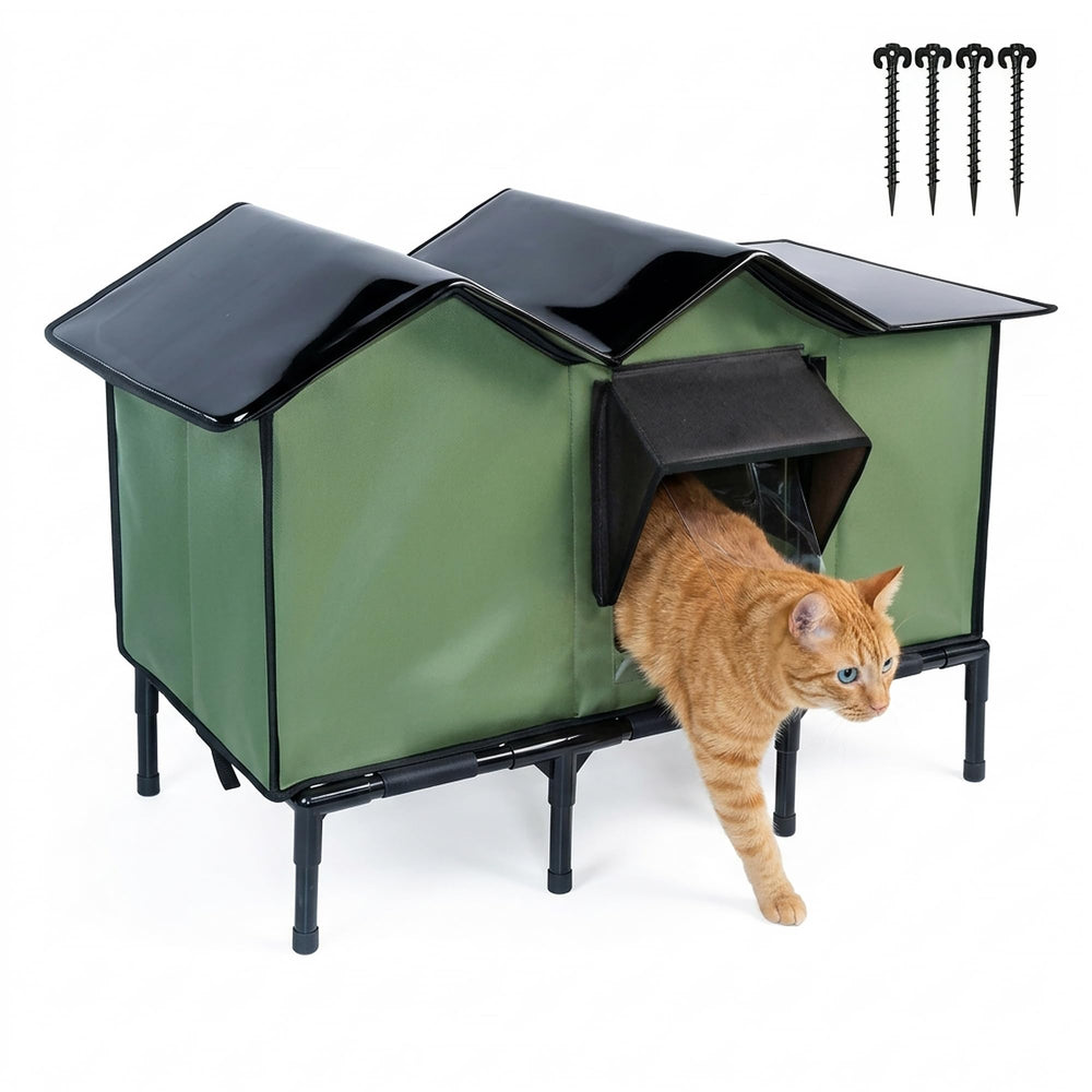LOVEPals outdoor cat house with waterproof fabric keeps feral cats dry in drizzle