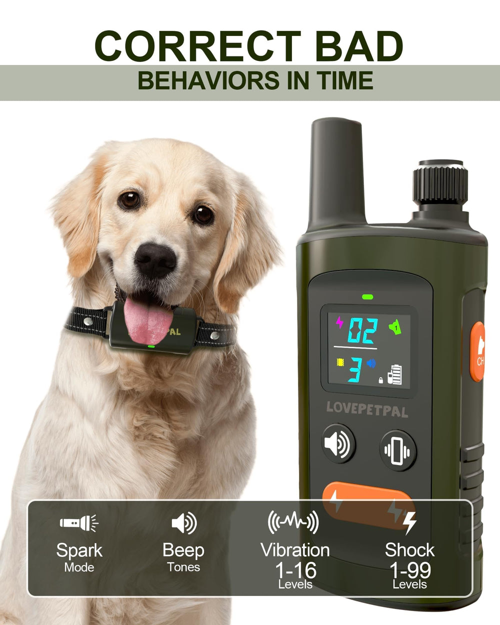 LOVEPETPAL collar worn on a dog's neck during walk shows gentle correction.