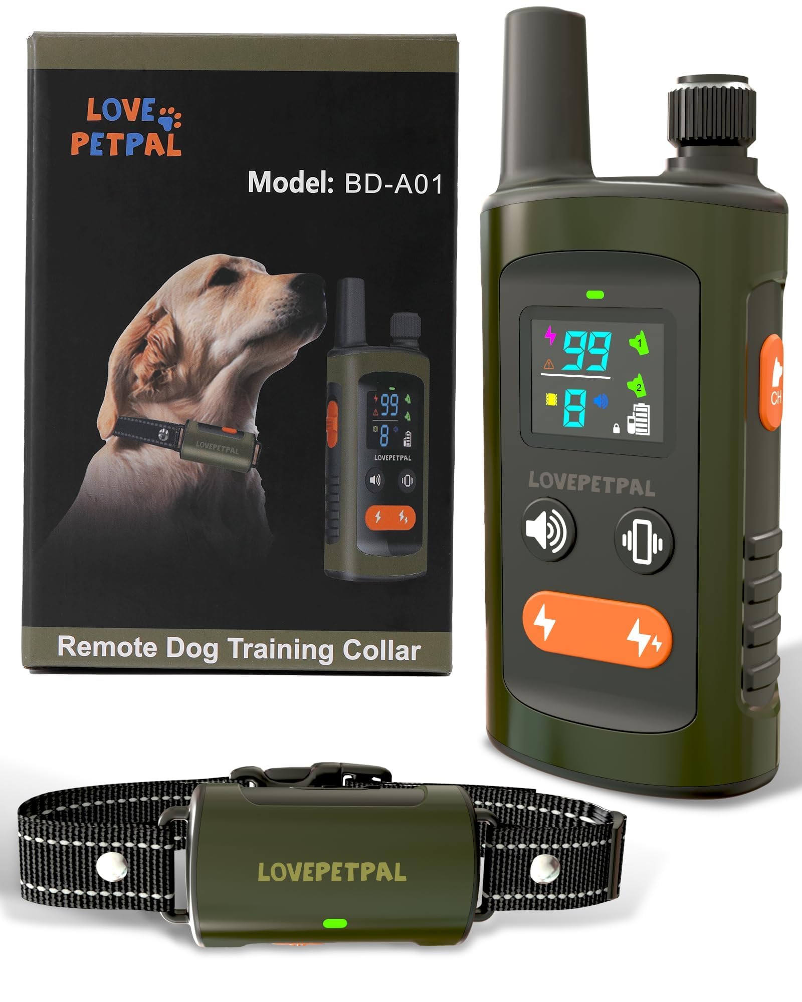 LOVEPETPAL dog training collar with remote in green for recall training.