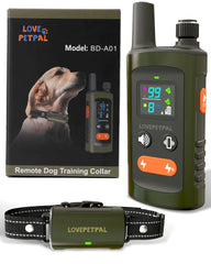 LOVEPETPAL dog training collar with remote in green for recall training.