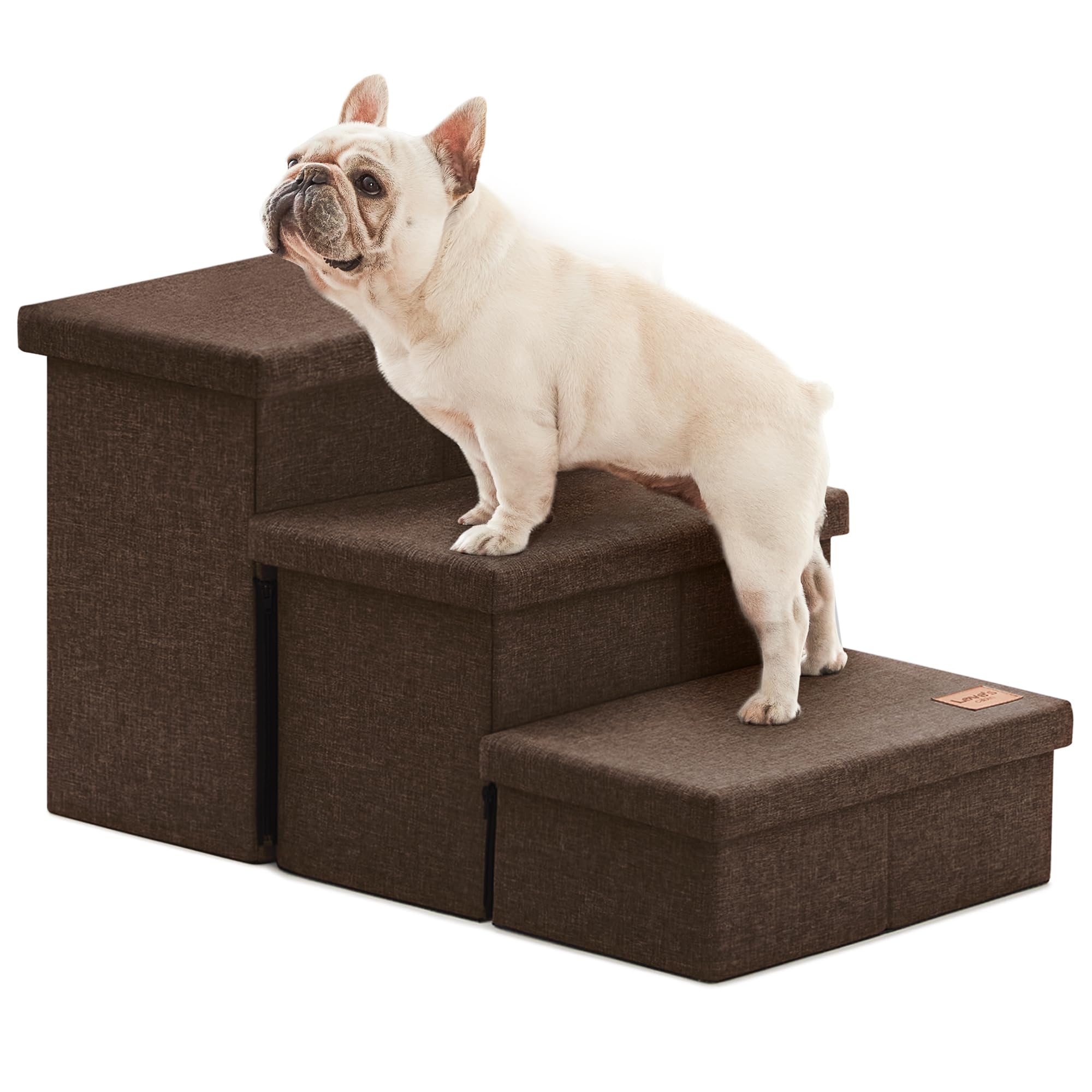 Love's cabin dog stairs against a bed with stable 3-step design