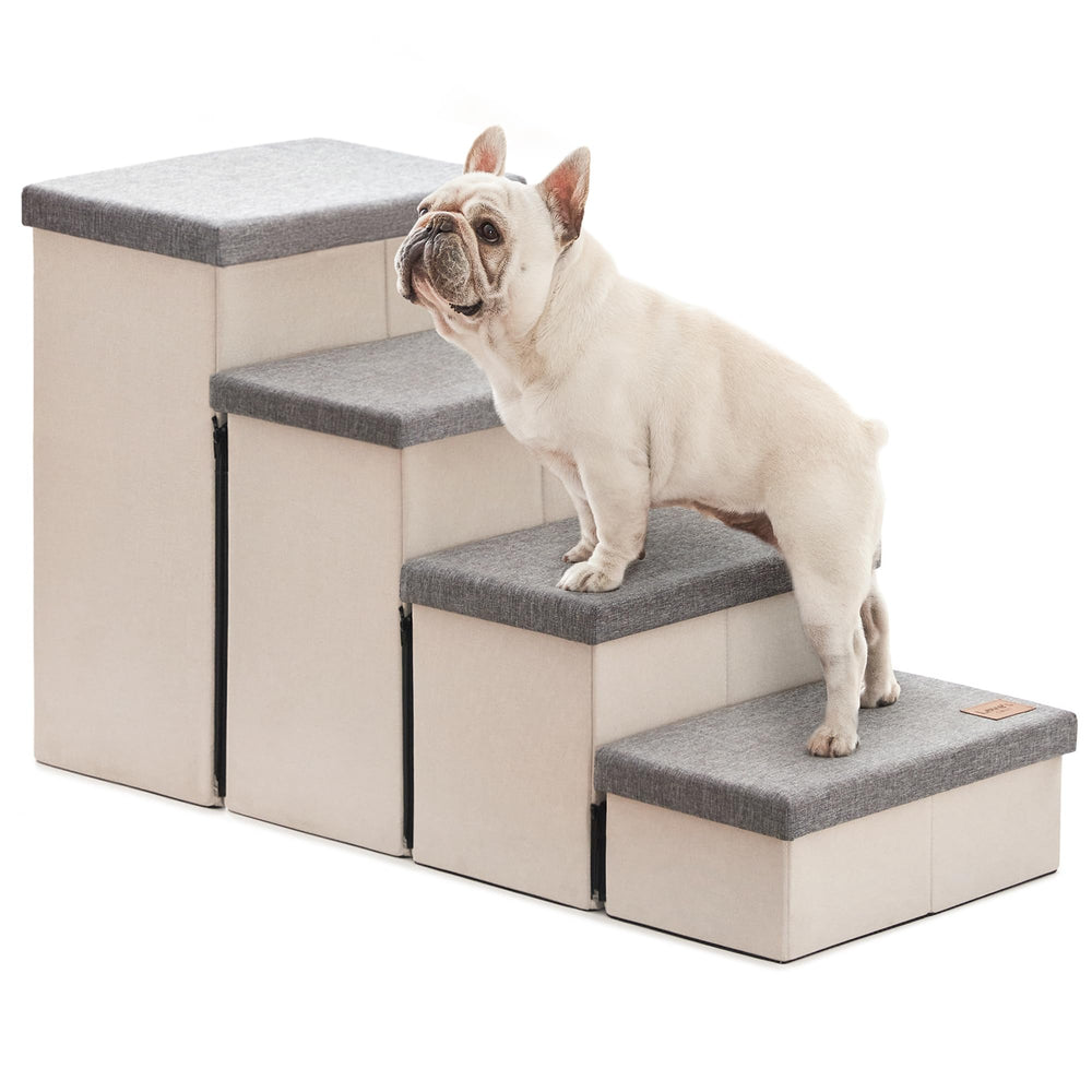 Love's cabin dog stairs against a bed for easy access and pet comfort.