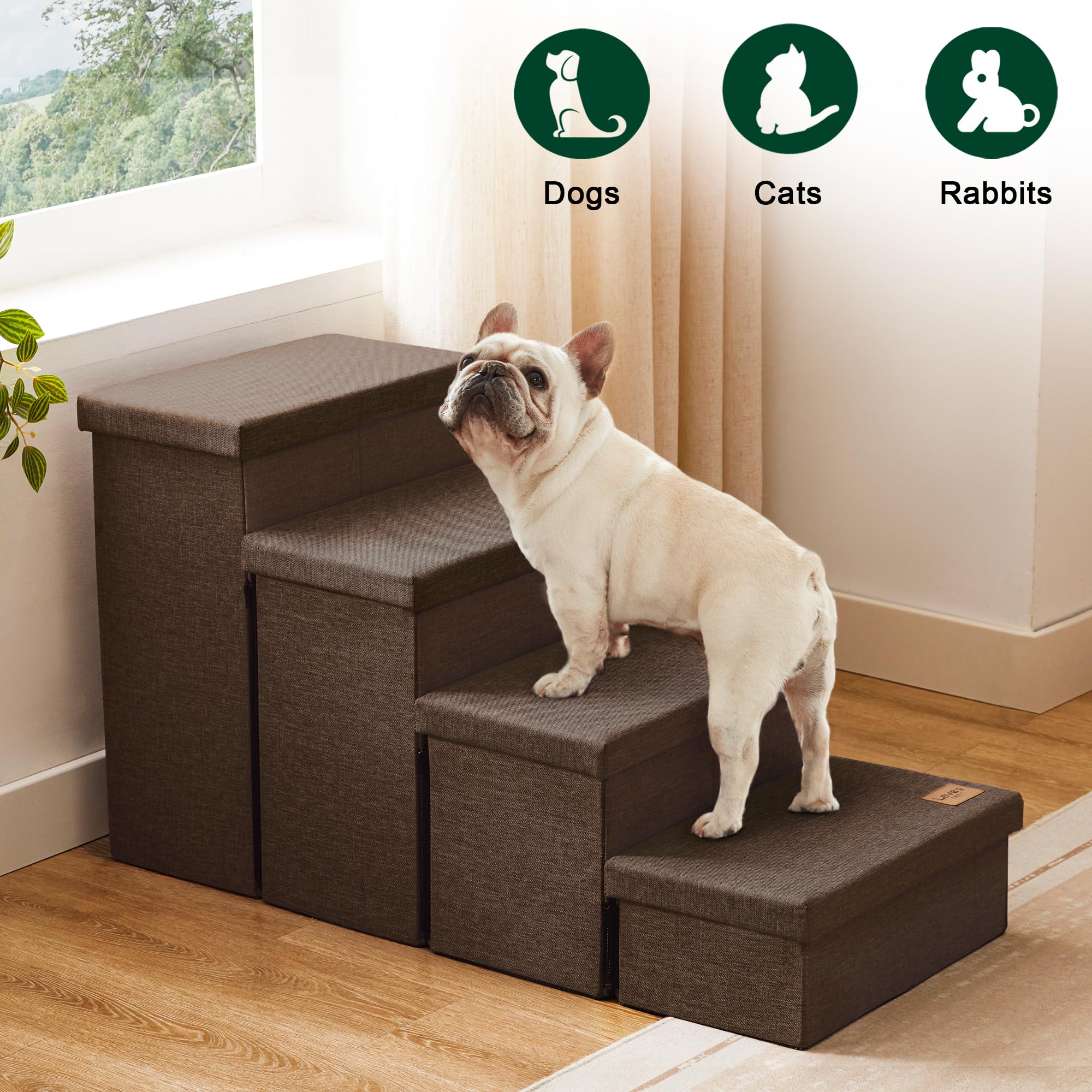 Love's cabin dog stairs stowed under furniture when not in use