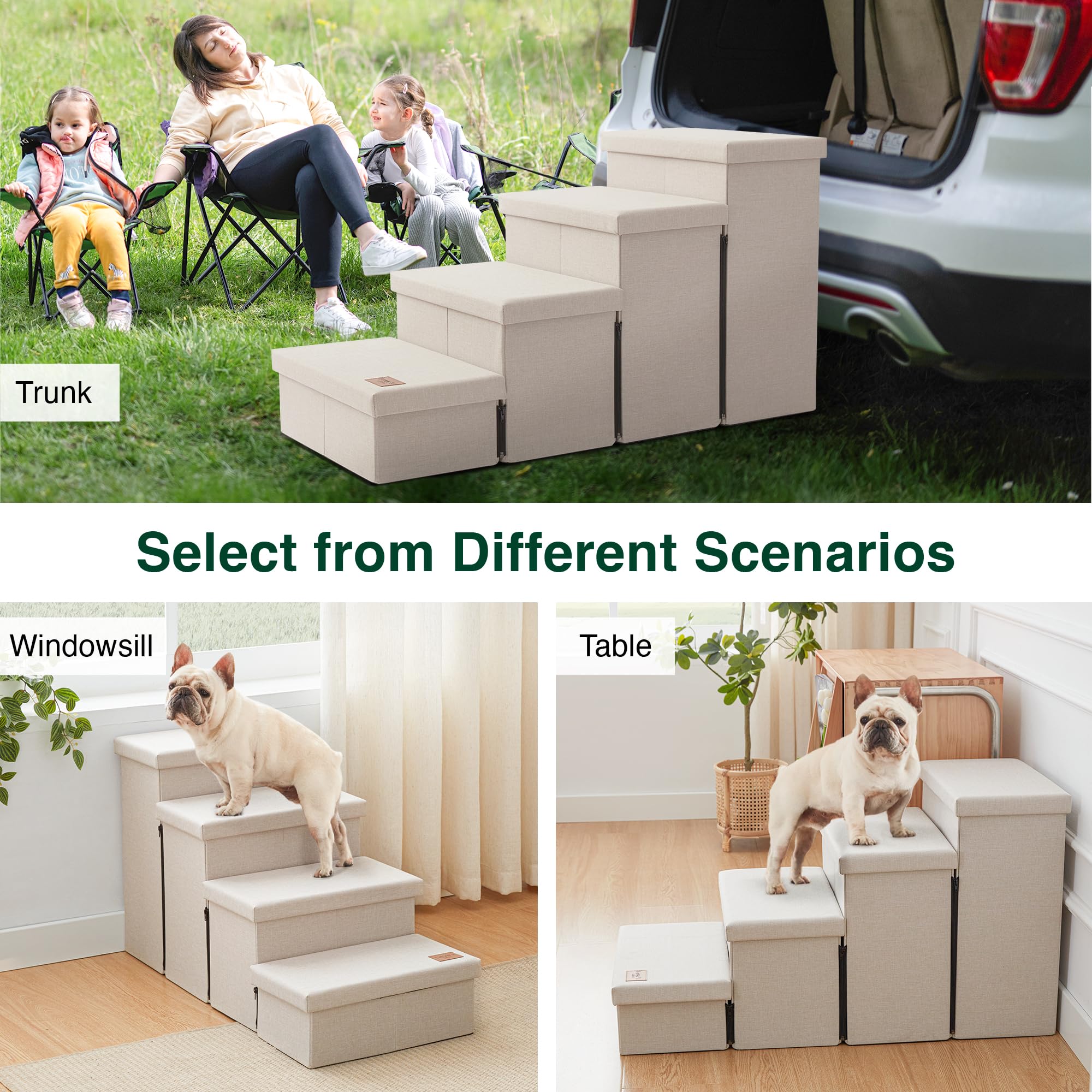 Love's Cabin dog stairs fit up to 24 inch bed for effortless access.
